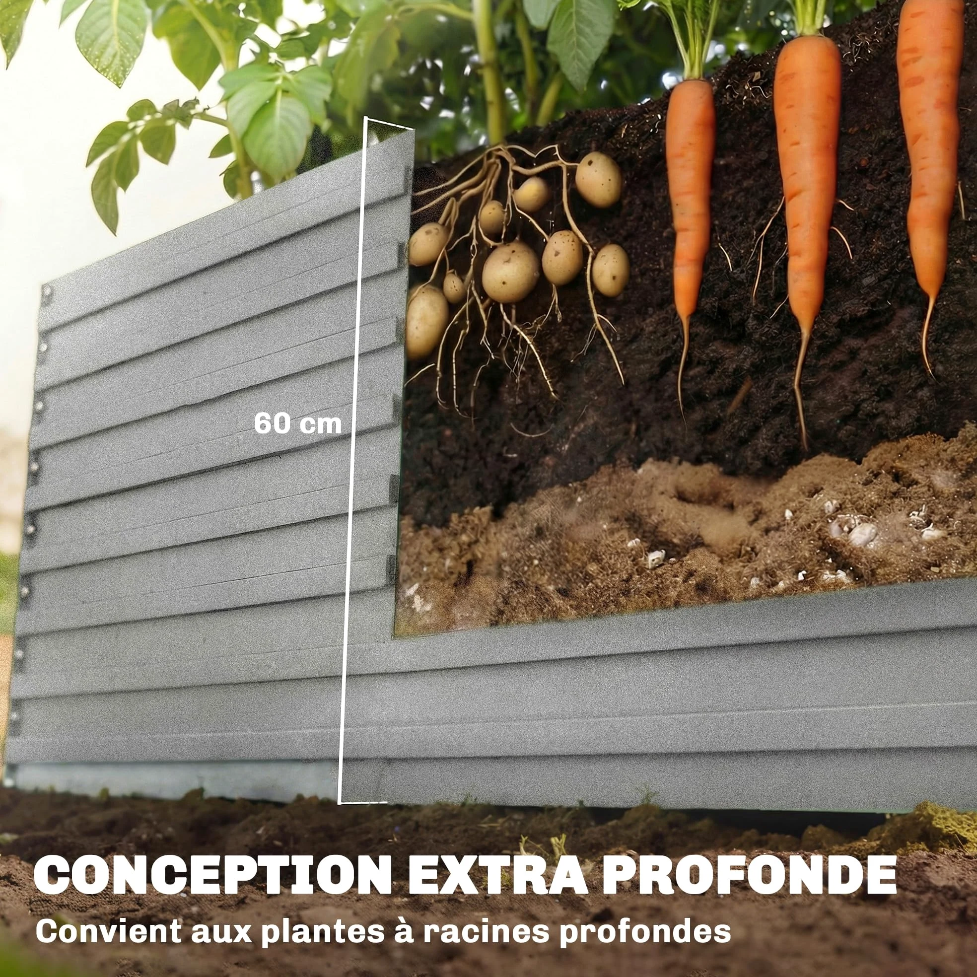 Outsunny Jardinière extérieure, jardinière surélevée galvanisée, carré Potager de Jardin rectangulaire avec Bordure de sécurité et Fond Ouvert, pour Fleurs et légumes, 240 x 120 x 60 cm, Gris argenté