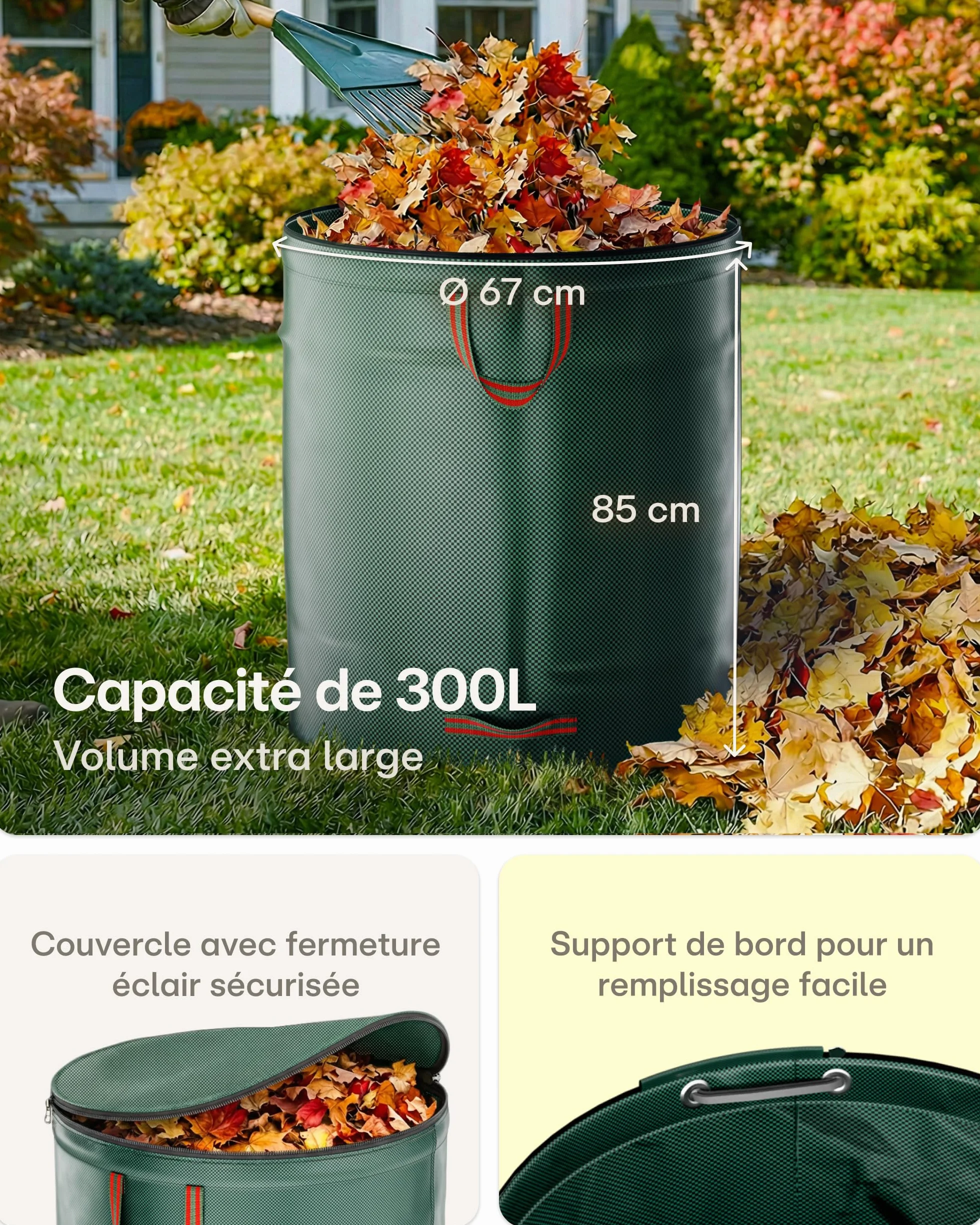 Praknu Sac Jardin Dechets Verts 300L avec Couvercle - Sac Jardinage Réutilisable avec 4 Poignées - Pliable