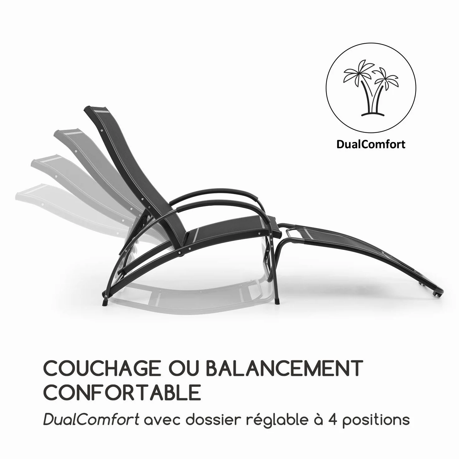 blumfeldt Beverlywood - Chaise Longue, Fauteuil à Bascule, Facile à Nettoyer, Cadre en Aluminium, Design Ergonomique, Comfort Mesh Respirant, 4 Positions, Noir