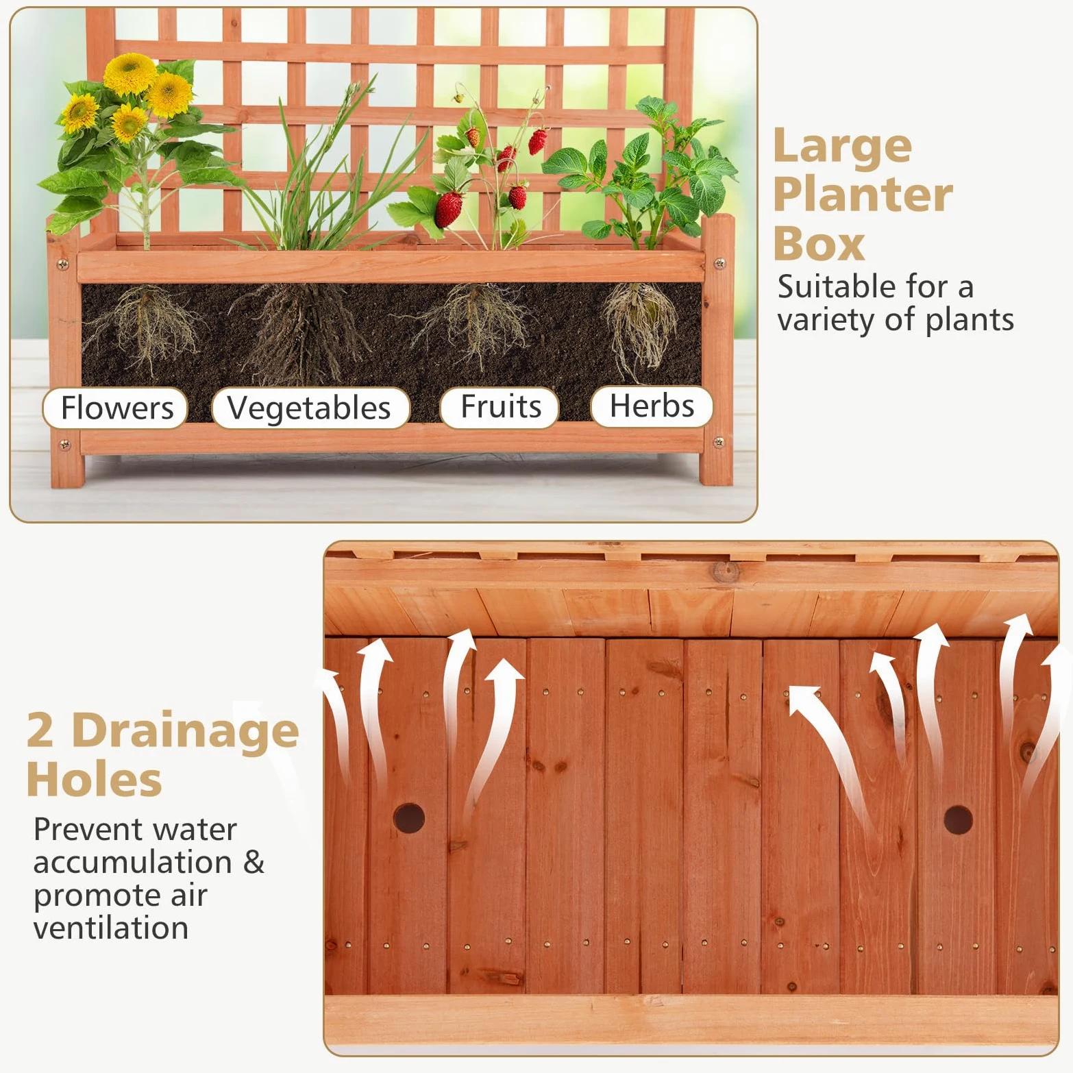 GOPLUS Jardinière avec Treillis 183cm en Bois de Sapin, Trou de Drainage pour Plantes Grimpantes, Fleurs, Bac à Fleurs avec Treillis pour Cour, Jardin, Balcon, 75x33x183cm