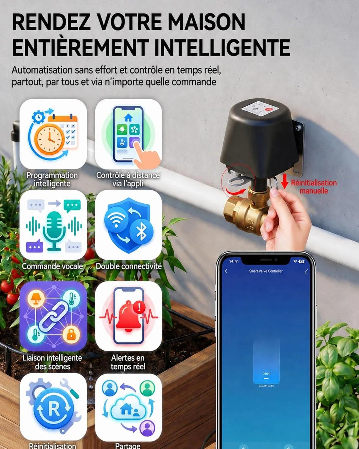 Vanne Connectée WiFi Motorisée Laiton 3/4 Pouce avec Minuteur Compatible Alexa Google Jardin Piscine