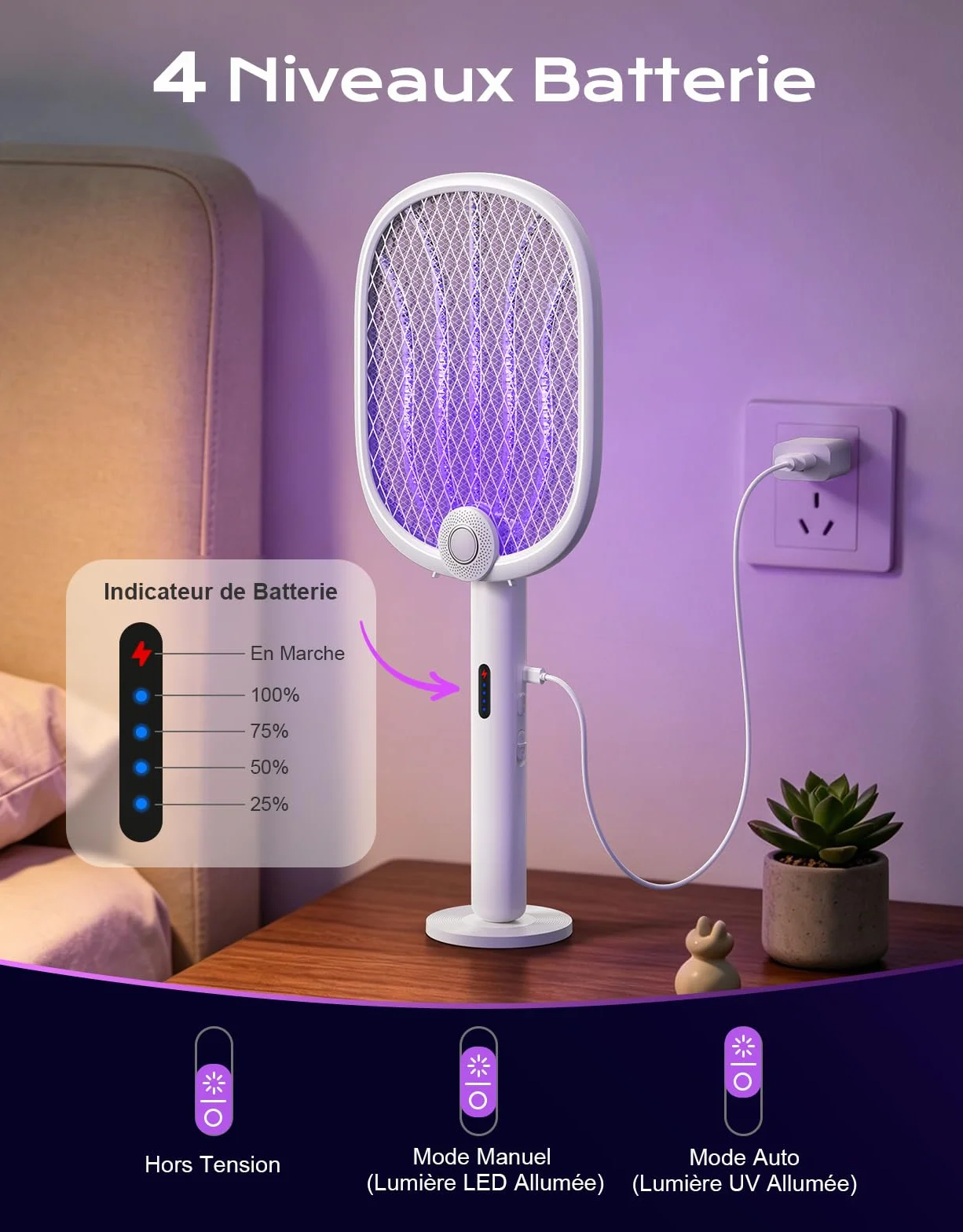 Raquette Electrique Insectes 4000V, Anti Moustique Pliable 180° avec Piège UV, Rechargeable 1800mAh
