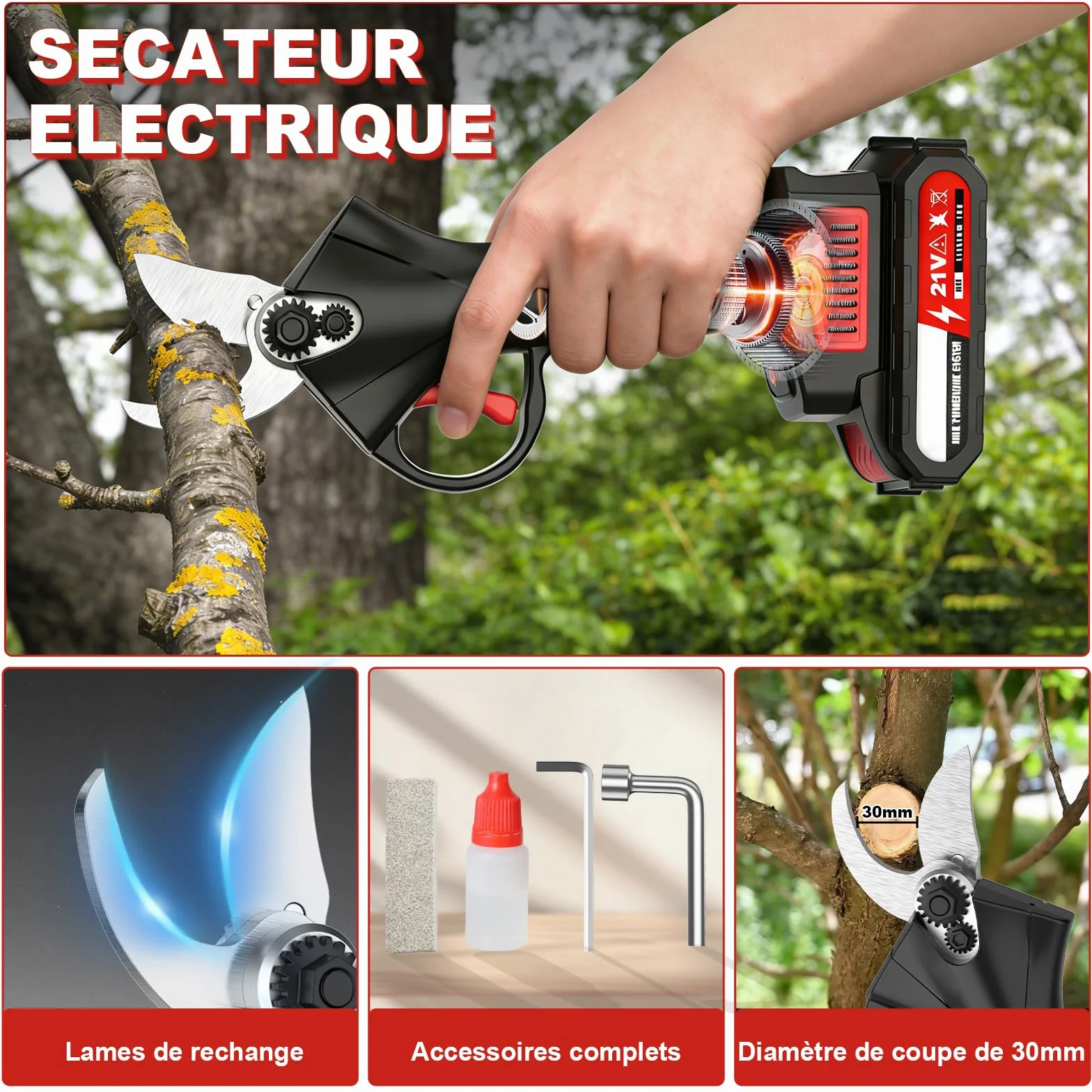 Secateur Electrique sans Fil,30mm Sécateur électrique,21V,2 * 2.0Ah Batteries,Moteur sans Balais,1*Lame de Rechange,0,9 kg Corps Léger, Idéal pour Tailler les Branches dans Jardins, Vergers et Fermes