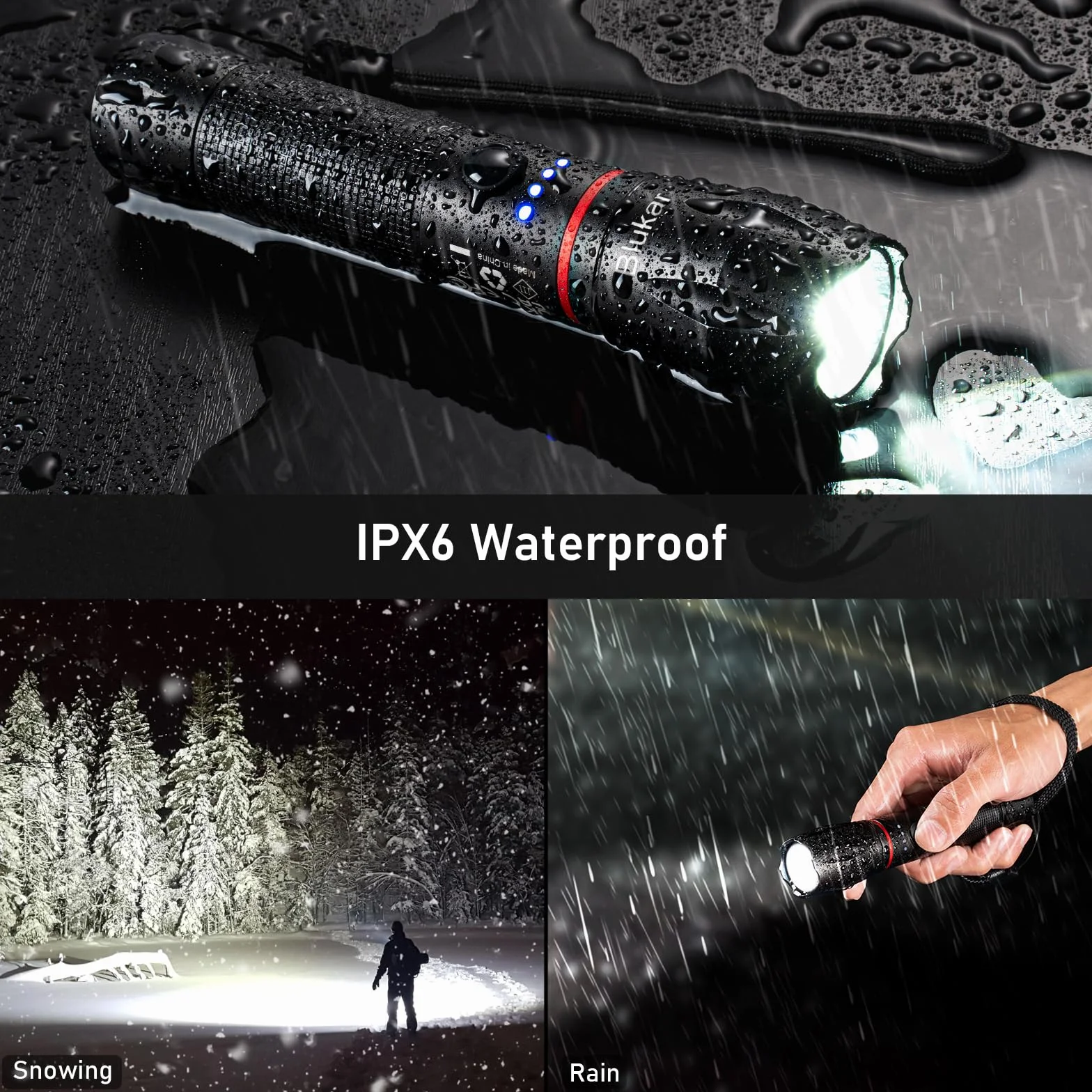 Blukar Lampe Torche LED Rechargeable 2000LM Ultra Puissante Aluminium IPX6 Étanche 5 Modes Zoomable Longue Durée Camping Randonnée Urgence