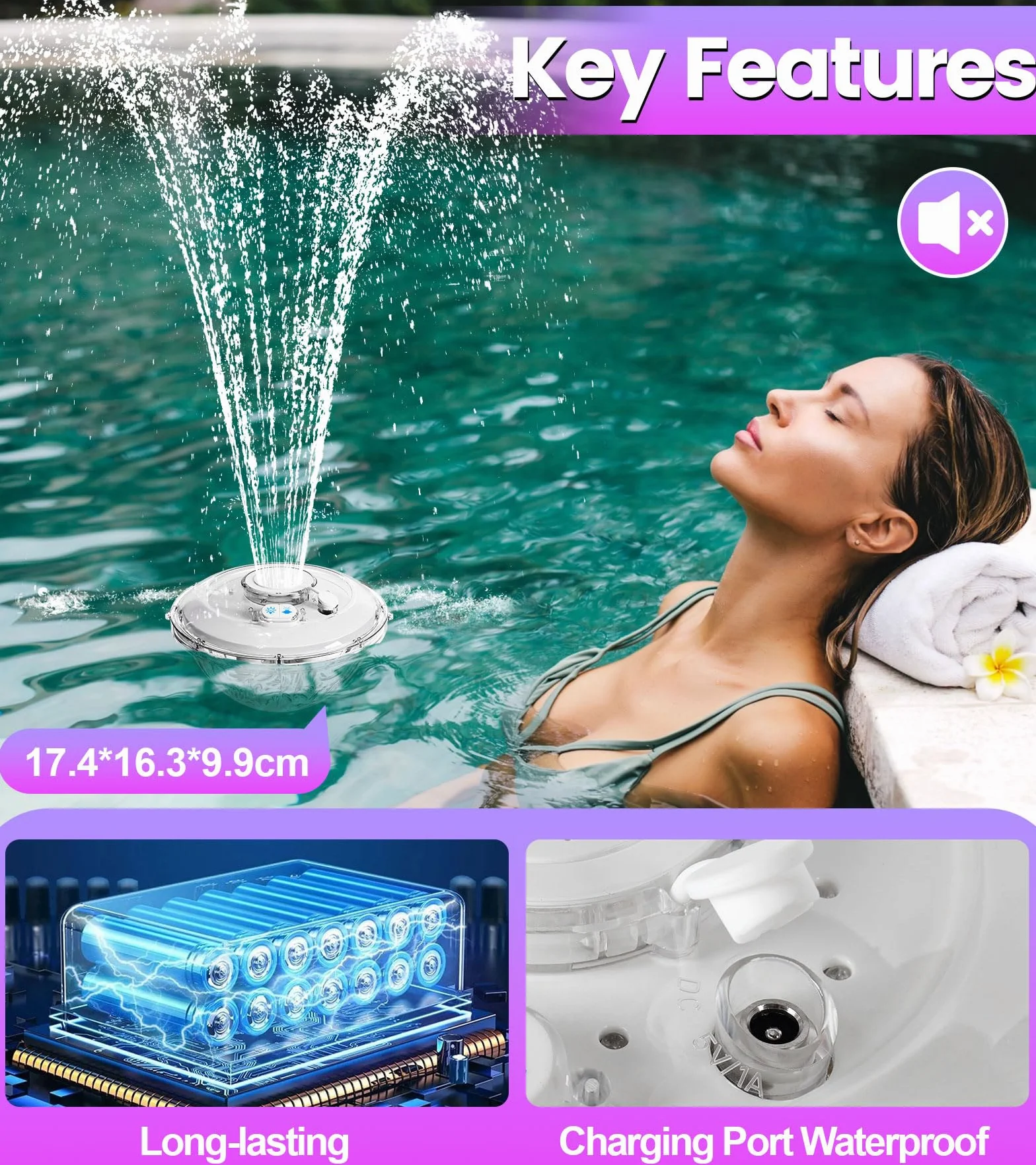 Fontaine Flottante Piscine avec Lumière Rechargeable, 2026, 6 Modes d'Éclairage, pour Piscine Hors Sol