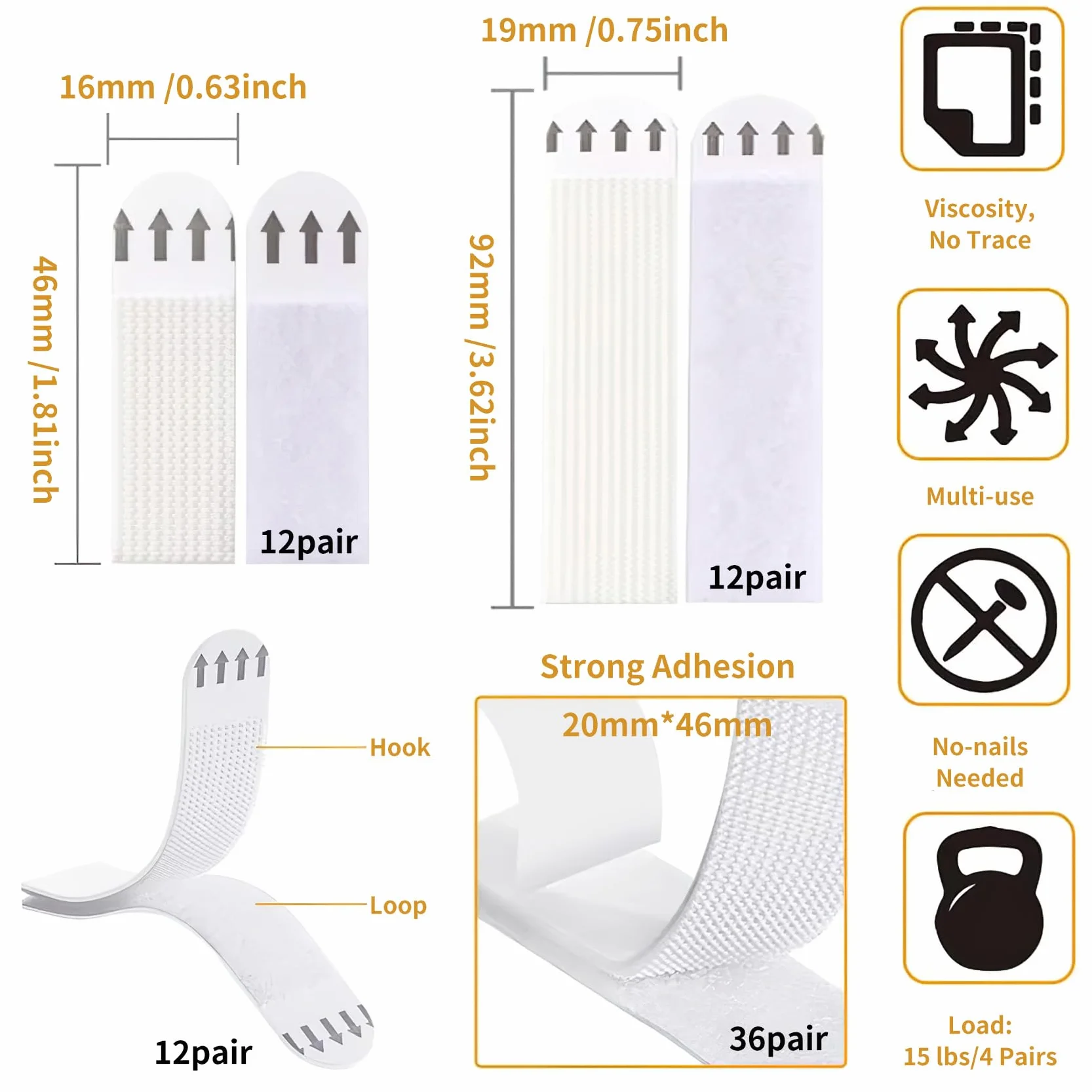 Bandes Adhésives pour Accrocher Tableaux Sans Percer 6 Paires Résistant à l'Eau 19x92mm 20x46mm 16x70mm