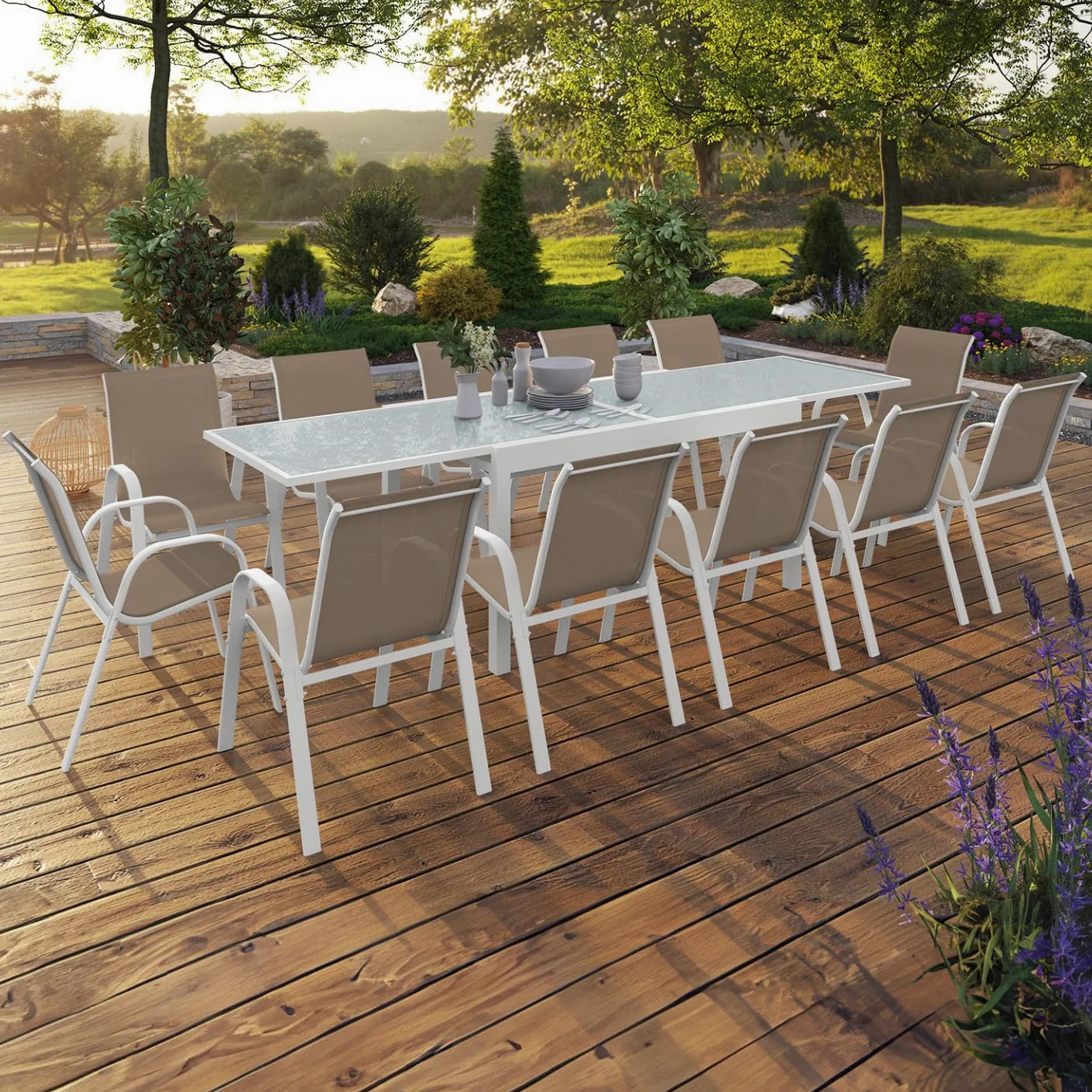 IDMarket - Salon de Jardin Madrid Table Extensible 135-270 CM et 12 chaises empilables Blanc et Beige