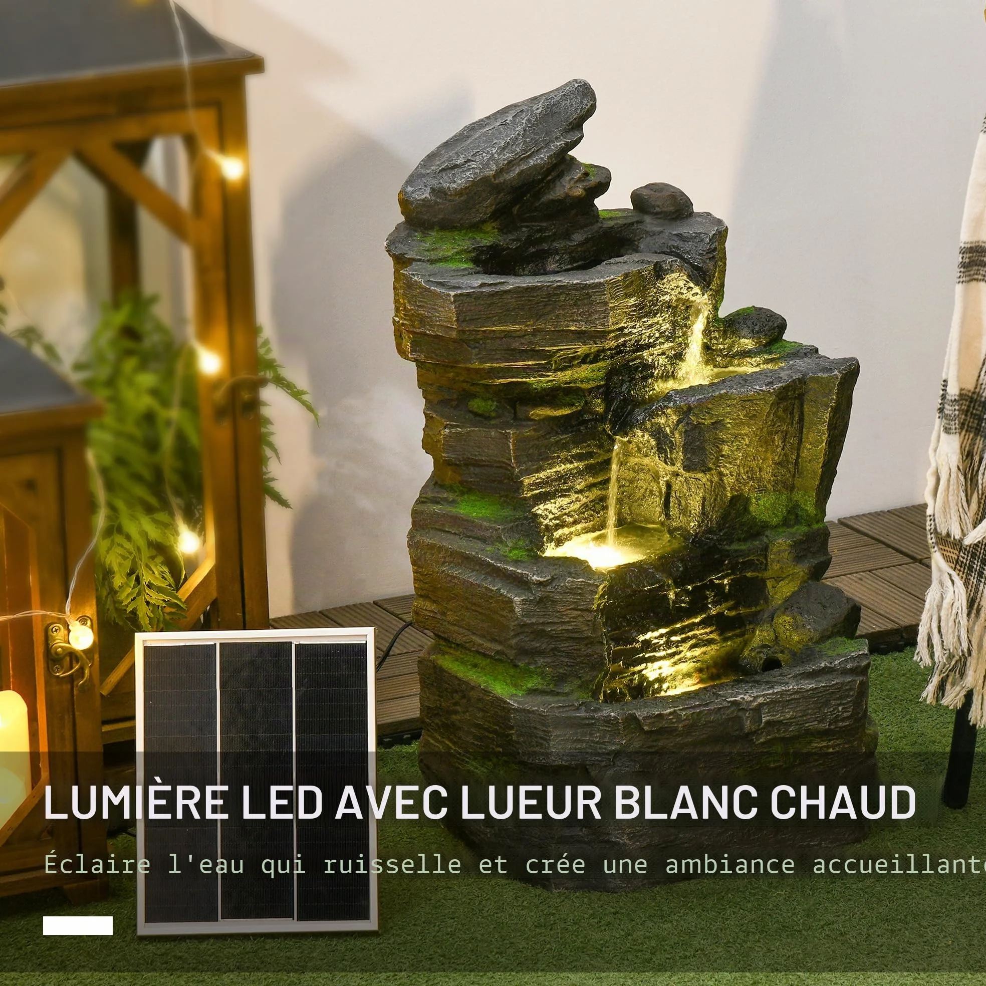 Outsunny Fontaine de jardin, solaire, à 4 niveaux, avec éclairage LED, décorative, pour jardin, balcon, résine synthétique, 34 x 28 x 57 cm