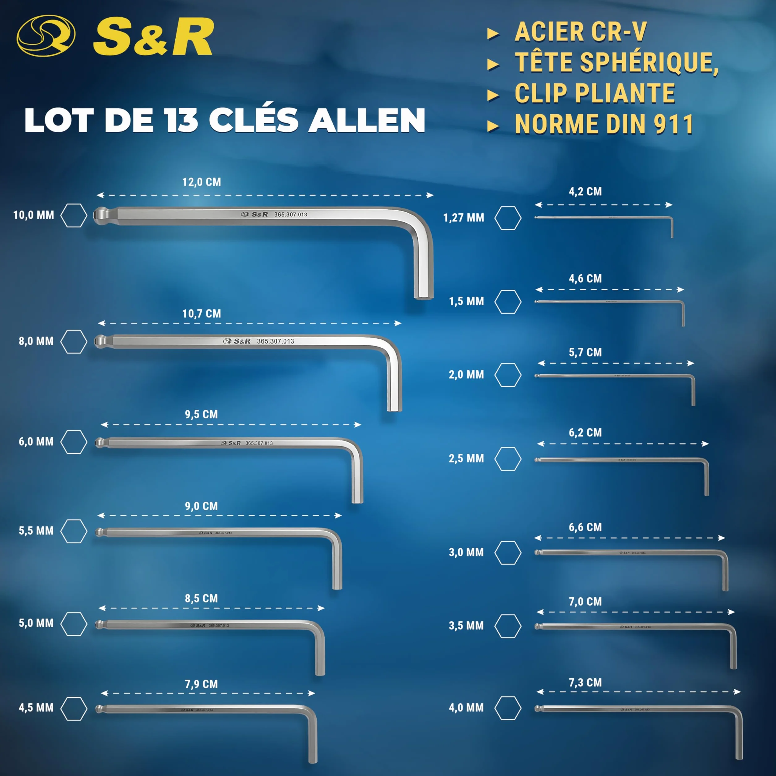 S&R Cle Allen Jeu de Clés Allen Longues Btr Six Pans mâle 13 pcs 1,27-10 mm Clés Hexagonale