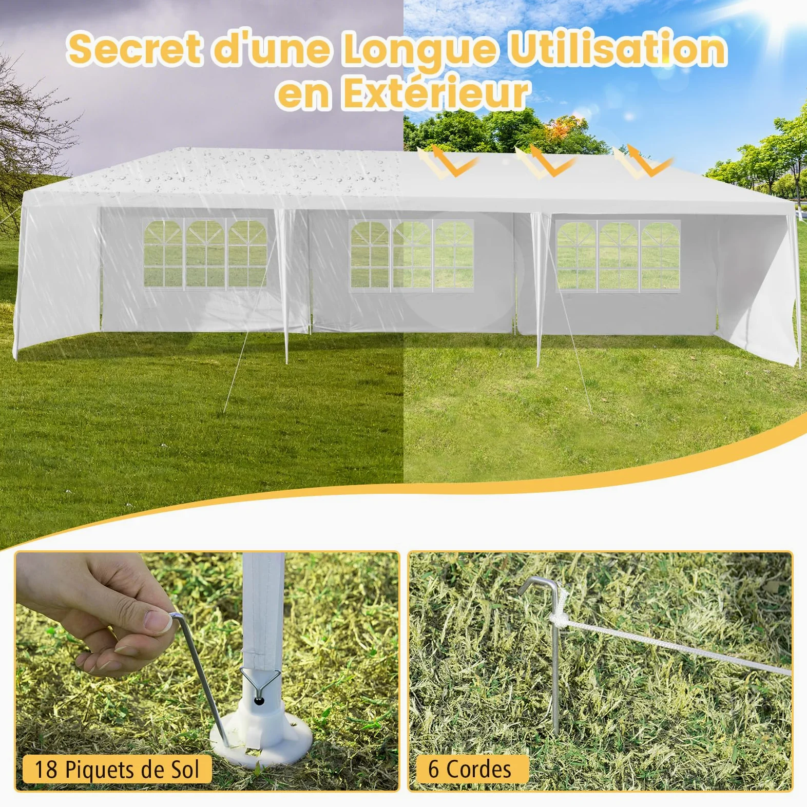 COSTWAY Tonnelle de Jardin 3x9m inclut 6 Murs Amovibles avec Fenêtre sur Côté, 2 Entrées de Porte, Abri Robuste avec Piquets de Terre