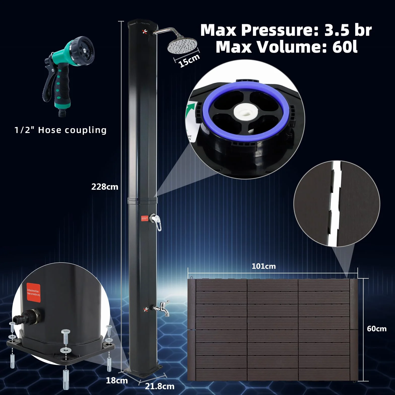 Douche Solaire 60 litres, Douche de Jardin Solaire, Pommeau de Douche Réglable, Température Jusqu'à 60°, avec Housse de Protection, pour Piscine Plage
