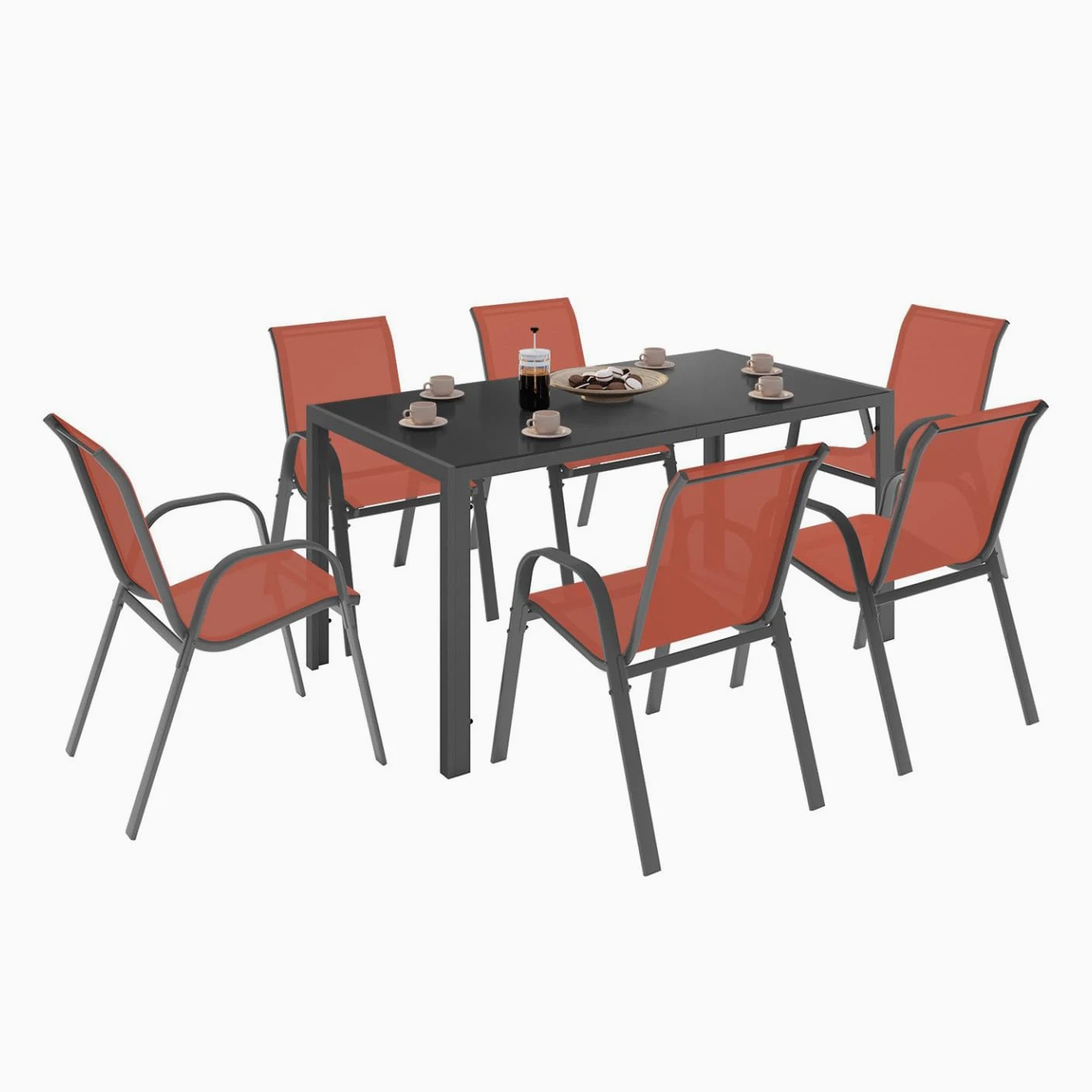 IDMarket - Salon de Jardin Madrid Table 150 CM et 6 chaises empilables Terracotta et Gris