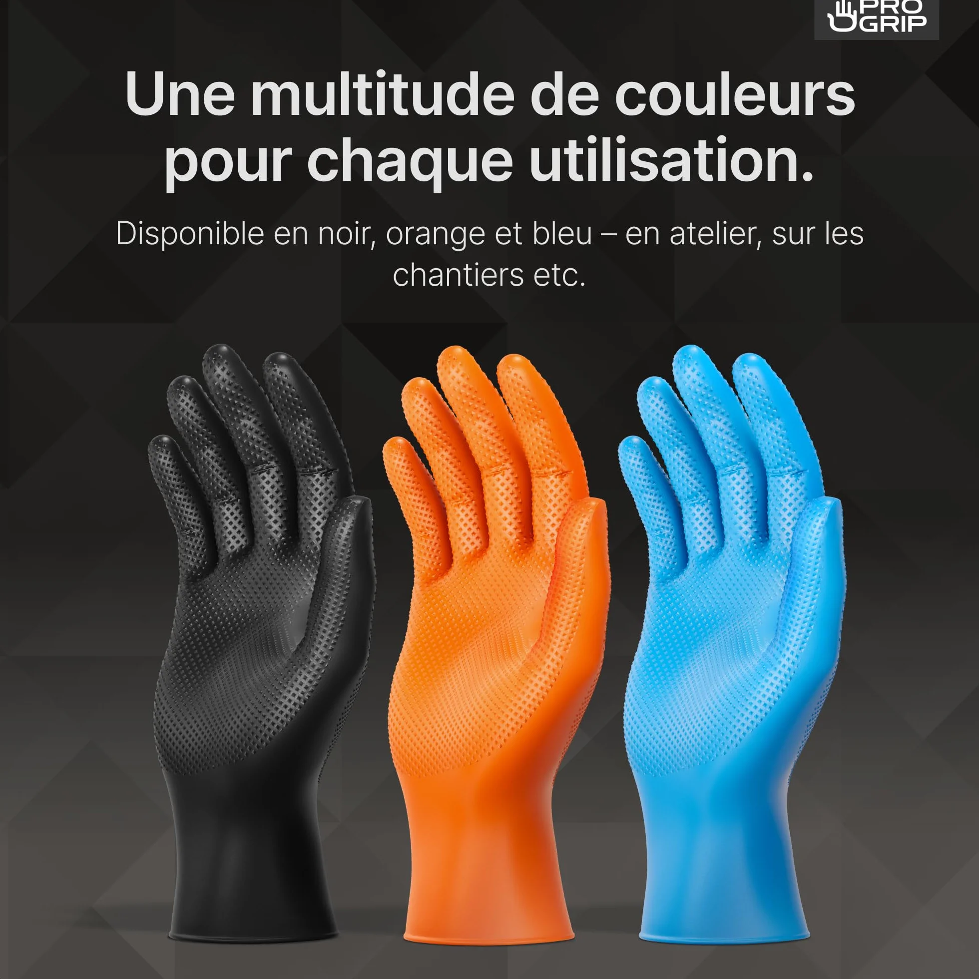 PROGRIP Gants nitrile taille L Noir double épaisseur texture diamantée usage unique atelier industrie montage
