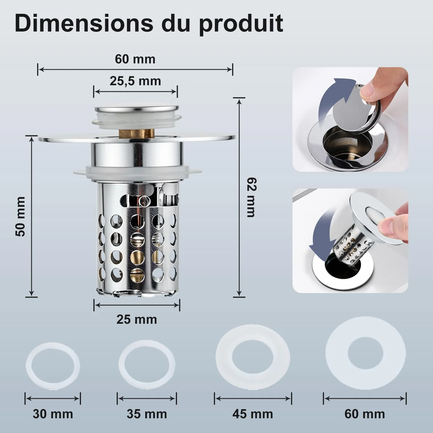 Lot de 2 filtres de vidange Pop-up 3 en 1 Acier Inoxydable Tamis Panier filtrant Amovible pour lavabo 28-58 mm Noyau sphérique Laiton chromé