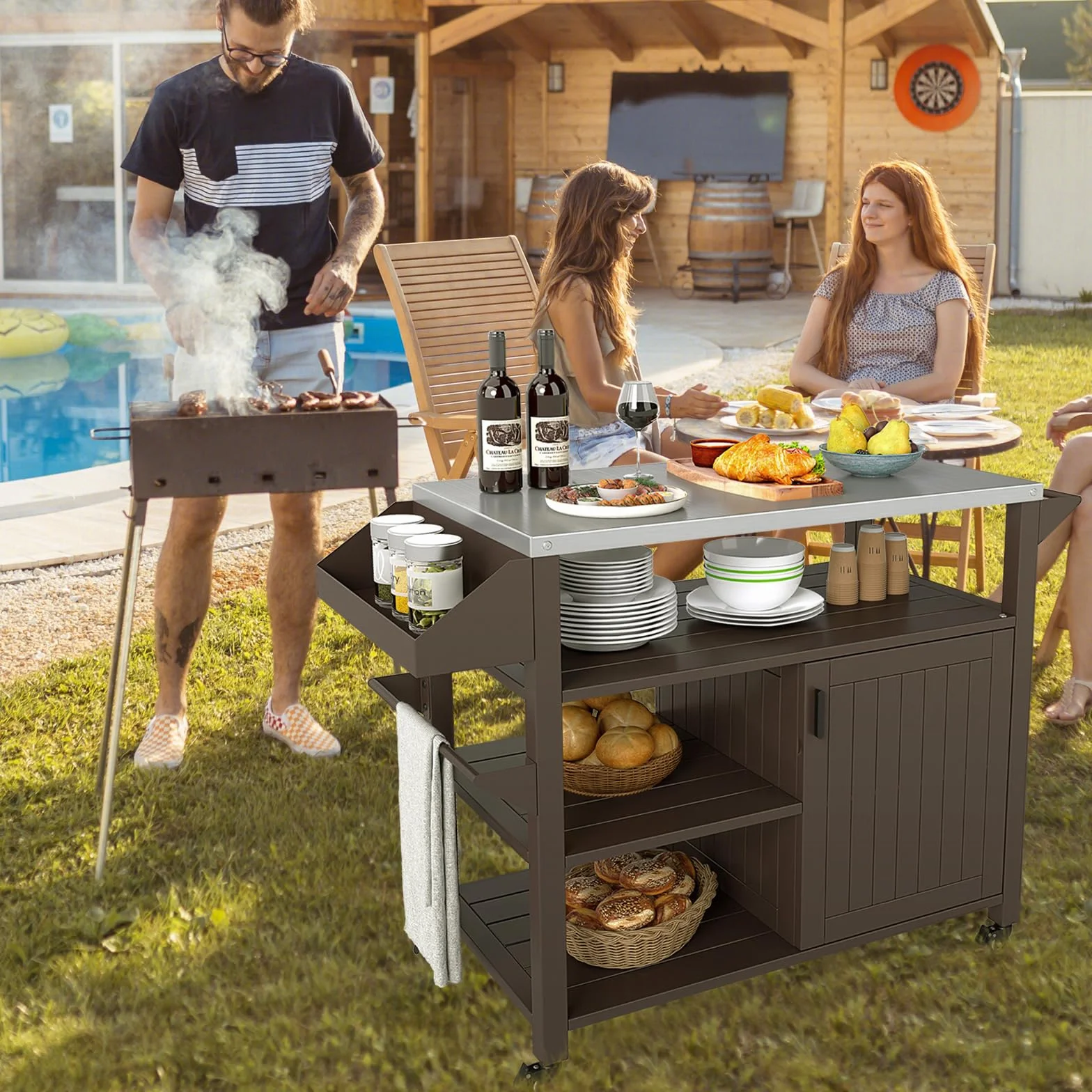 KOMFOTTEU Chariot Barbecue Acier Inoxydable avec Armoire Porte 3 Étagères Ouvertes 117 x 50 x 87 cm
