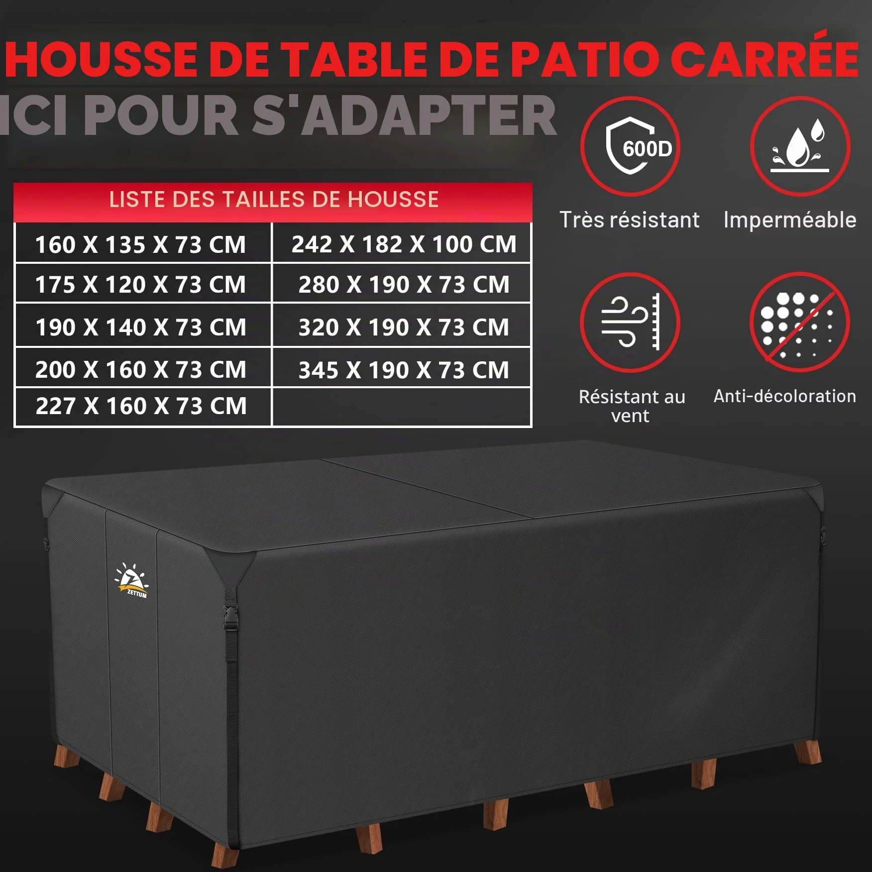 Zettum Housses pour Salons de Jardin 280 x 190 x 73 CM, Housse de Table Jardin Rectangulaire Imperméable Anti-UV 600D Tissu Oxford Bache Table Exterieur
