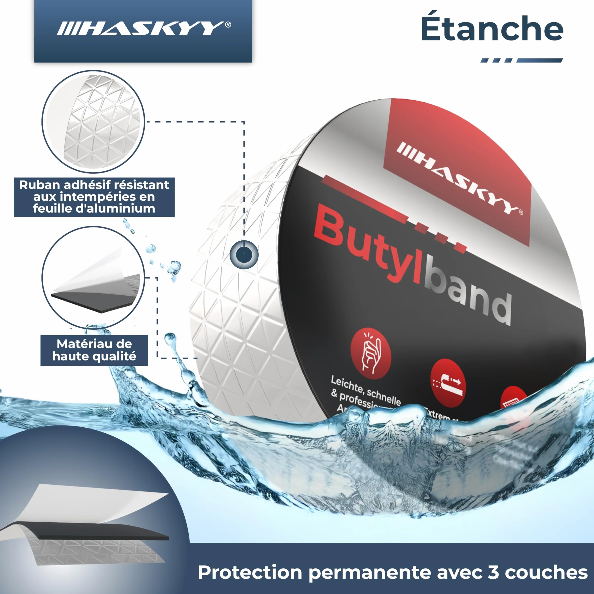 HASKYY Ruban d'étanchéité en butyle 50mm x 5m Bande adhésive aluminium imperméable réparation argent