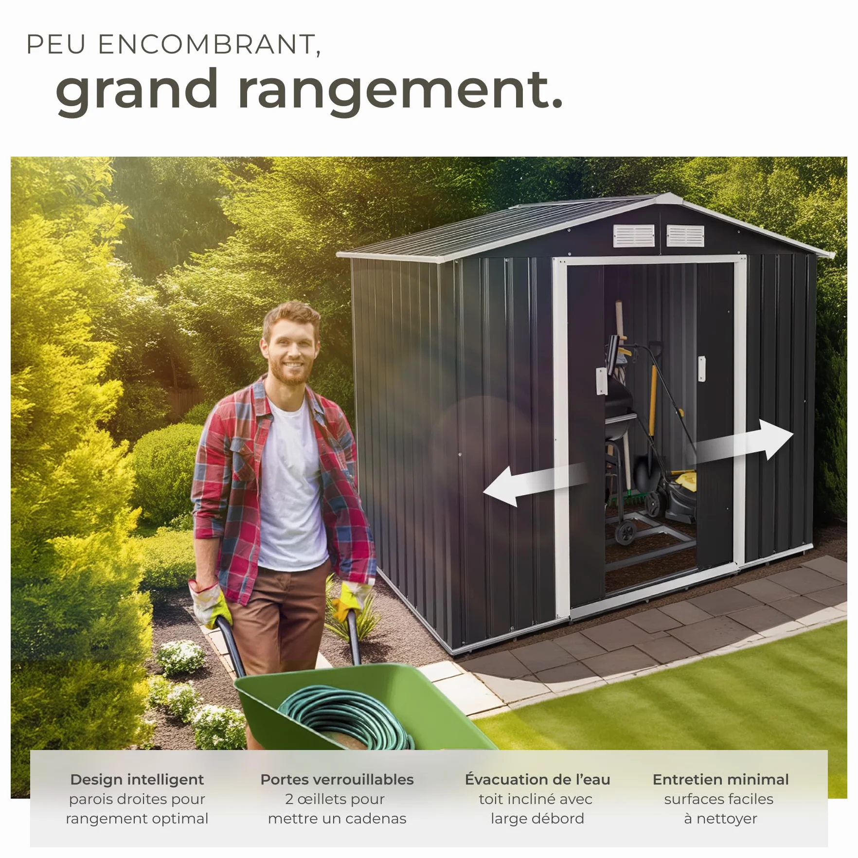 tectake® Abri de Jardin en métal 4.2m³, Cabane de Jardin à Outils, Toiture 2 pans avec Fondation, Rangement et Stockage extérieurs Moto Vélo Tondeuse Brouette Outils de Jardinage, 214 x 130 x 185 cm