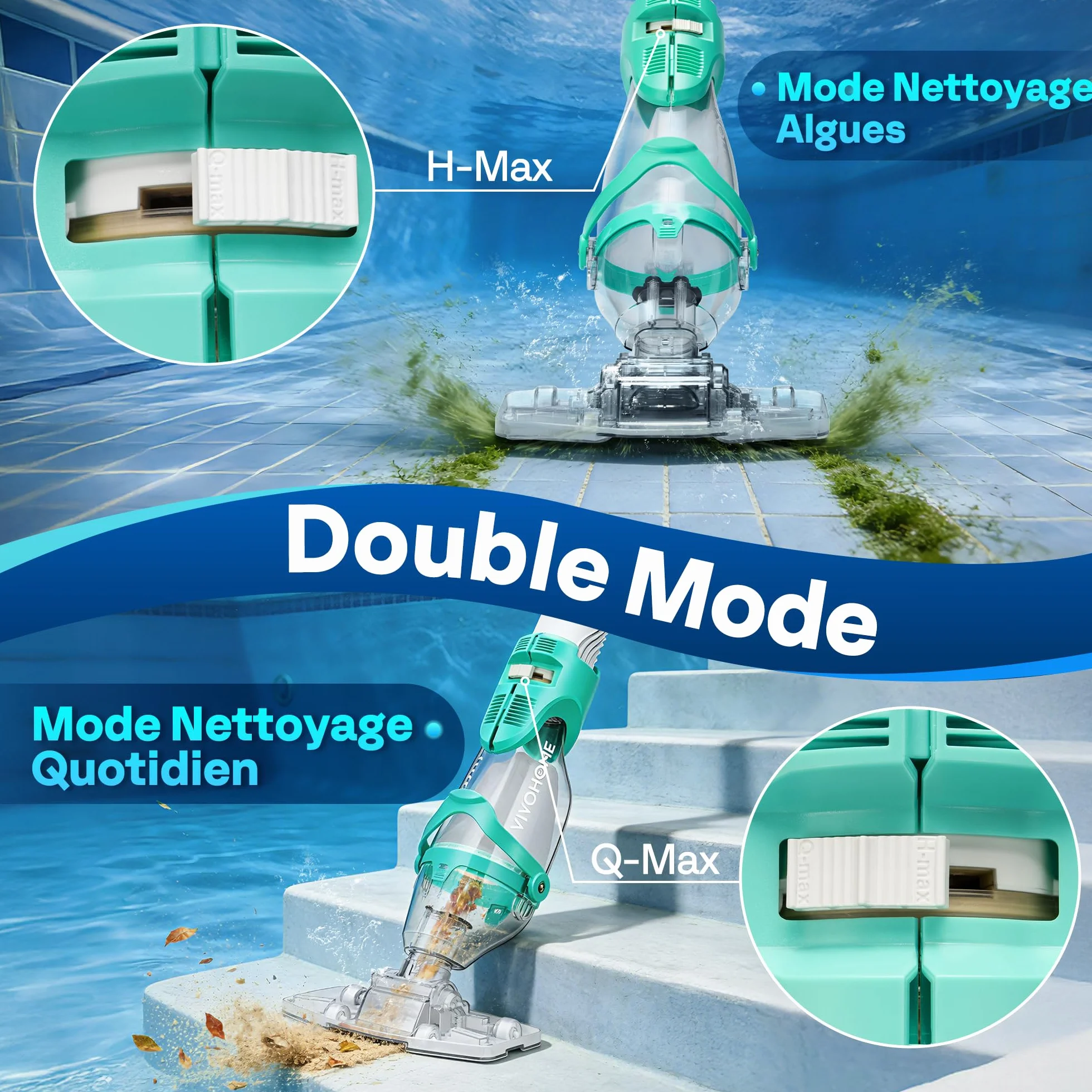 VIVOHOME Aspirateur de Piscine sans Fil 72LPM avec Batterie, Nettoyeur Portable 4 Sacs Filtrants 2,6L, Perche Télescopique 250cm