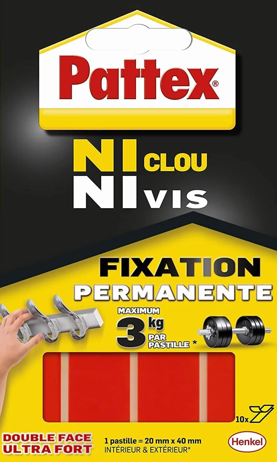 Pattex Pastilles Fixation Permanente Ni Clou Ni Vis 10 x 20 mm x 40 mm Double Faces Ultra Fortes Autocollantes Résistantes 3 kg
