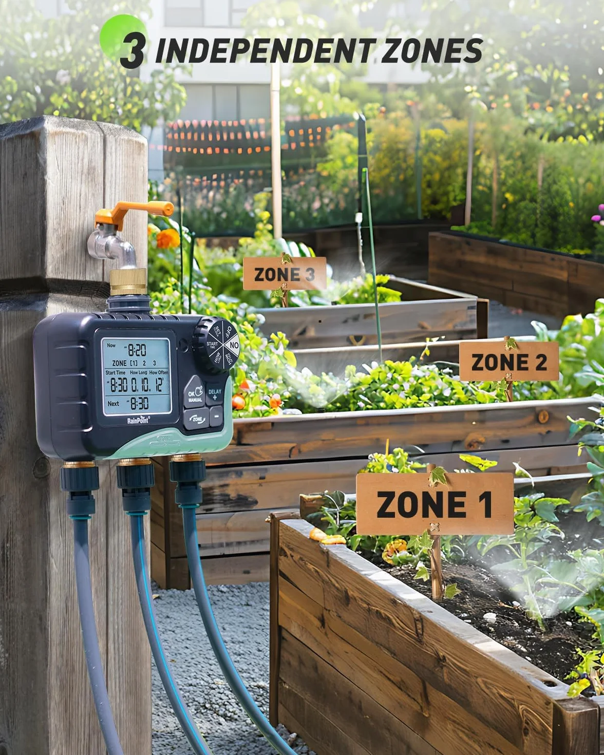 RAINPOINT Programmateur Arrosage 3 Sorties, Laiton, Automatique, Retard Pluie, Écran LCD, Minuterie Jardin