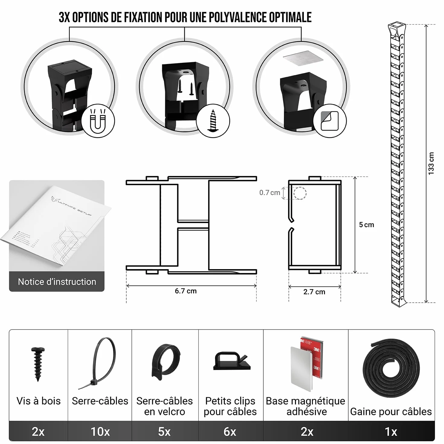 Flexible Chemin de Cable Organisateur Cable sous Bureau (Noir)