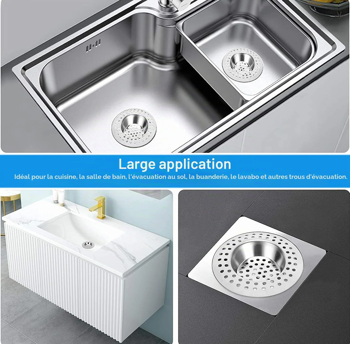 Tomario Bondes d'évier de cuisine en acier inoxydable Lot de 2 - Protection standard - 7,5 cm extérieur 3,6 cm intérieur