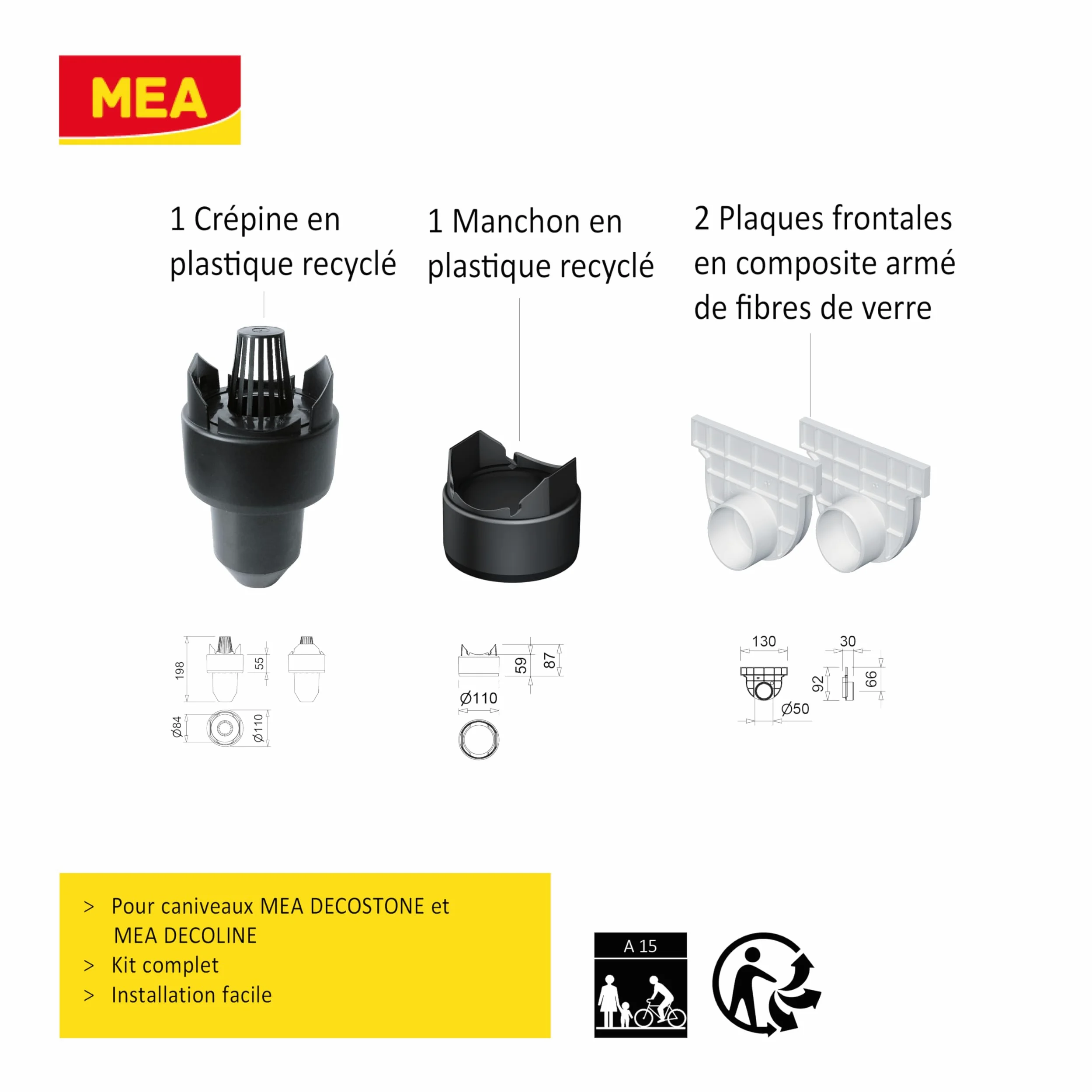 MEA Pack de 6 Caniveaux Extérieurs DECOLINE – Grille en Plastique Recyclé Gris – Drainage Terrasse, Piscine, Jardin – Classe A15 Piéton – Largeur utile 10 cm