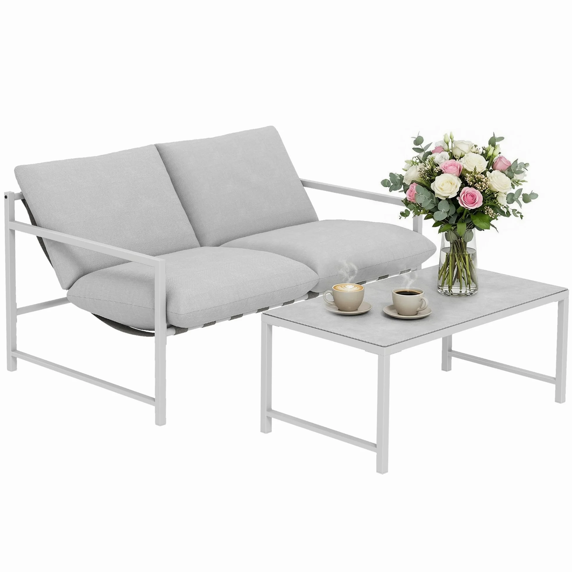 Outsunny Salon de Jardin Extérieur 2 Pièces, Canapé 2 Places avec 2 Coussins et Table Basse en Verre Trempé Marbré 3D, Mobilier de Jardin pour Terrasse Balcon Jardin, Acier, Gris Clair