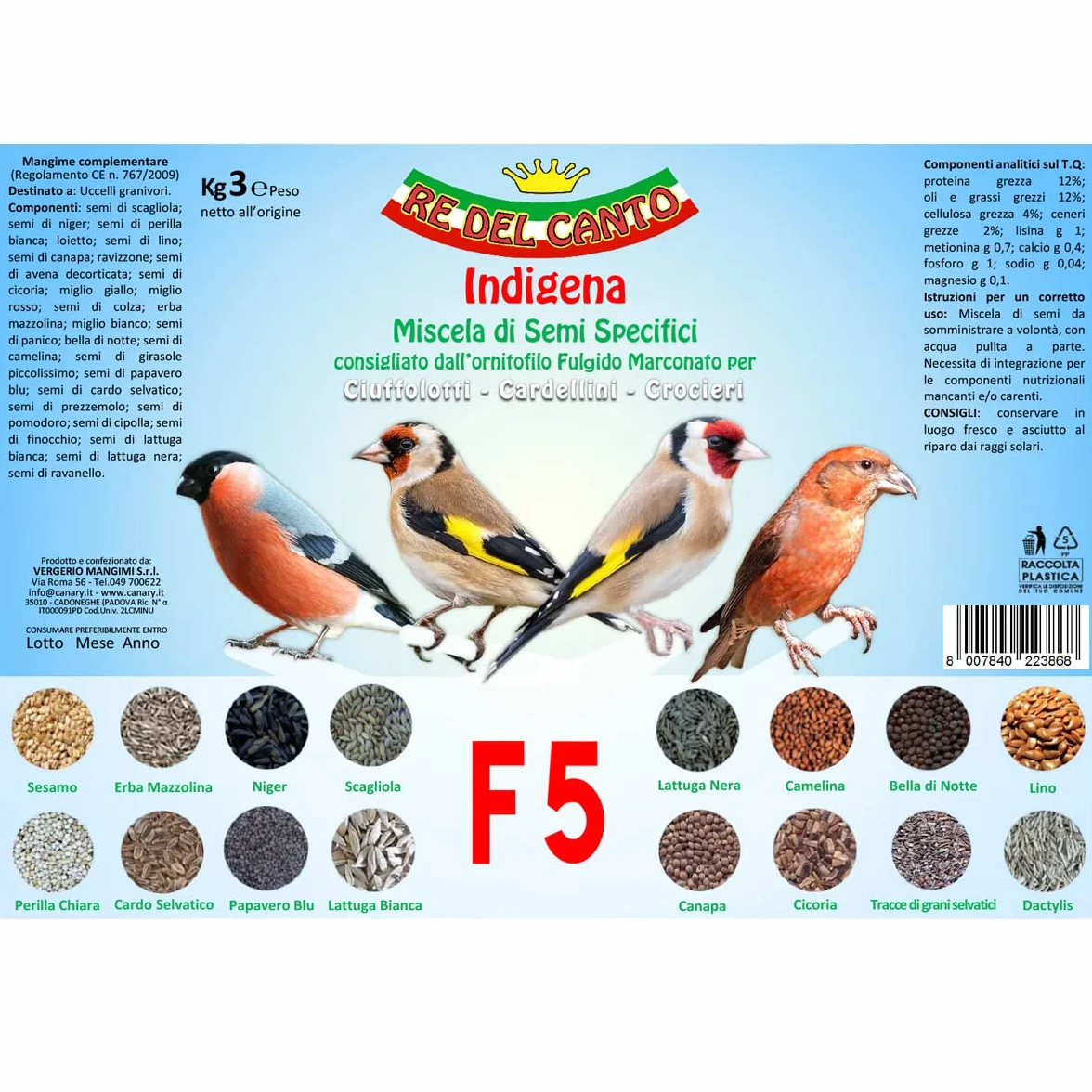 F5 Indigène 3kg - Mélanges spécifiques pour chardonnerets, bouvreuils, becs-croisés et spinus