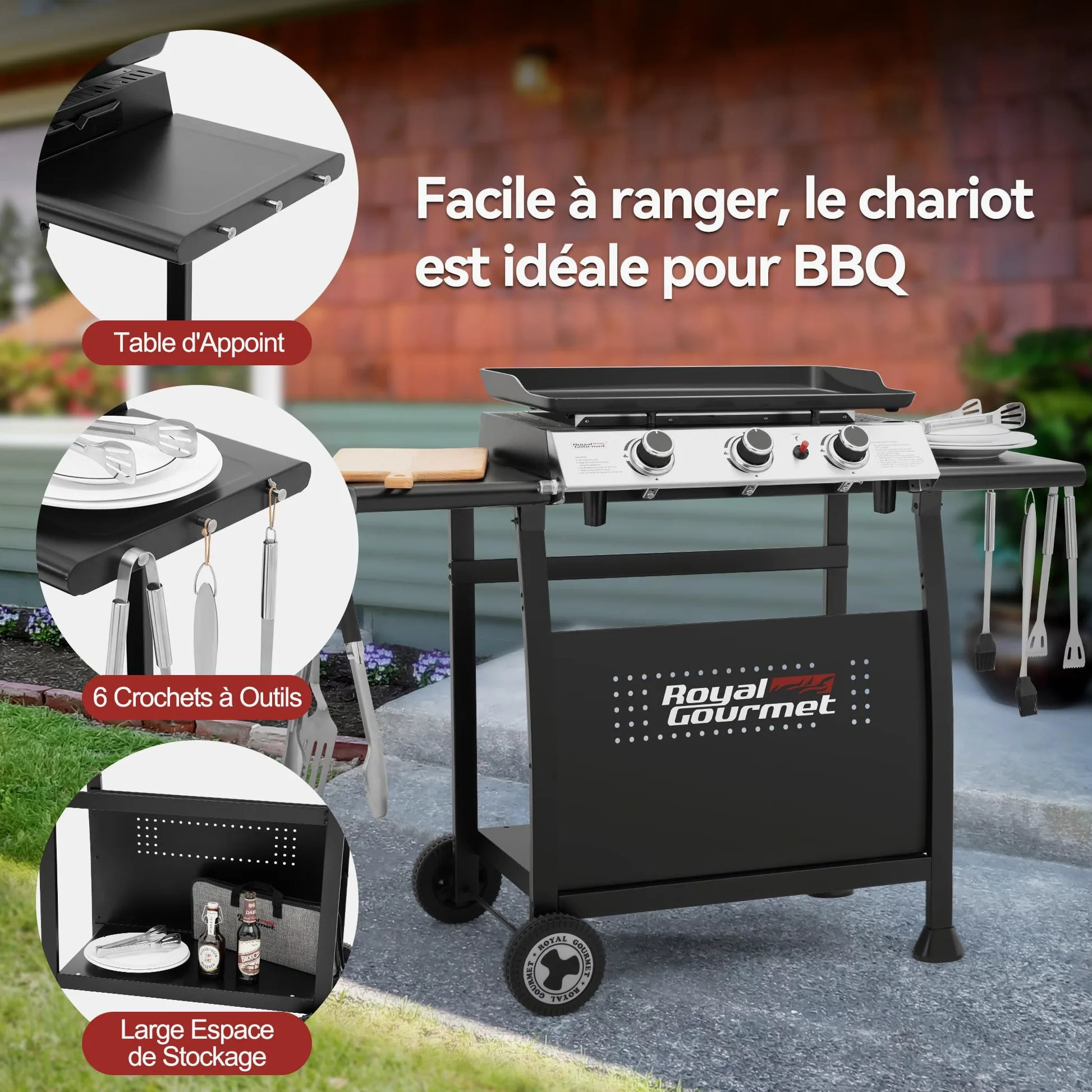 Royal Gourmet Plancha Gaz sur Chariot, 3 Brûleurs Puissance 7.5 kW, Plaque Amovible de Surface Cuisson 62,0 x 35,5 cm, Avec 2 Tablettes et 2 Roues, Portable pour Jardin et l' Extérieur, Noir