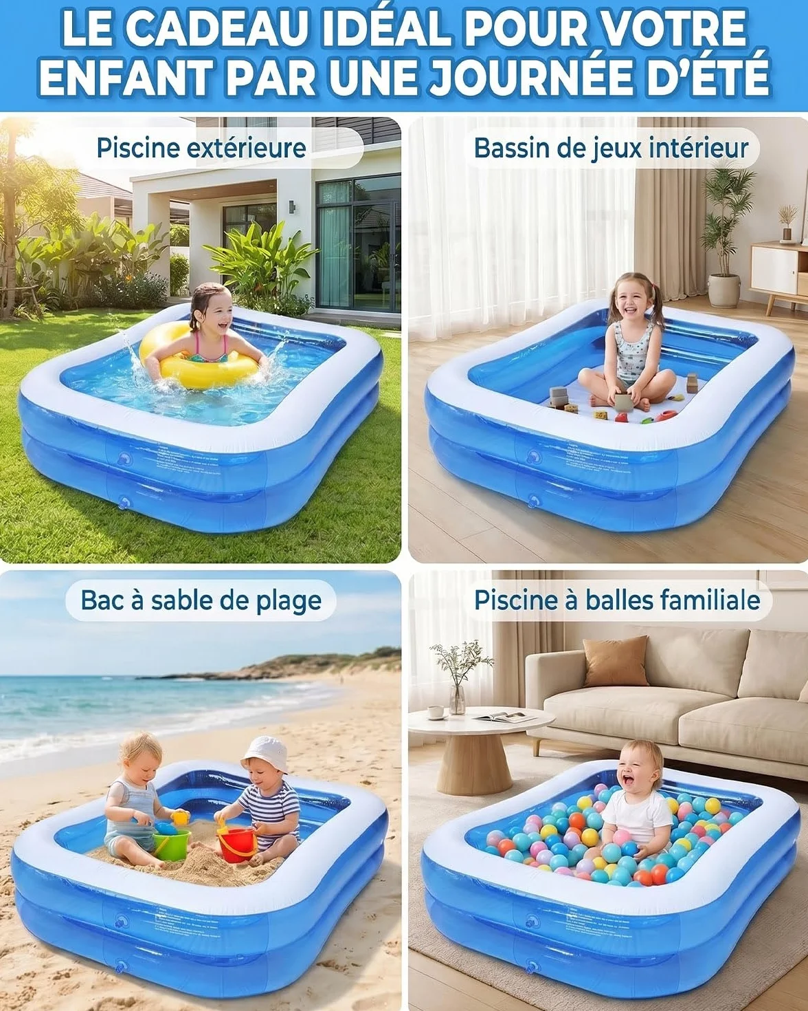 Piscine Gonflable 260x155x45 cm Rectangulaire pour Enfants Adultes Extérieure Jardin Bassin 2,6M