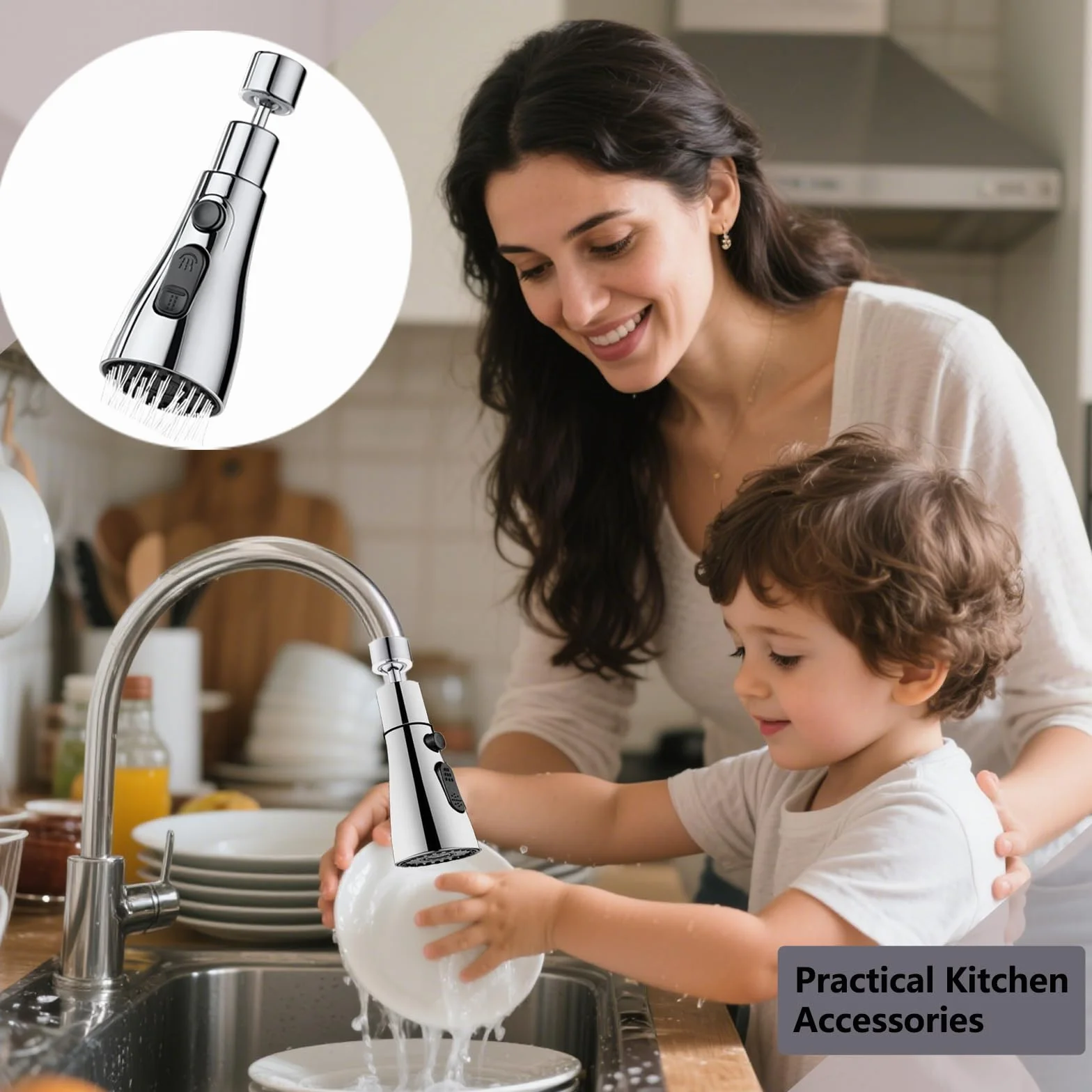 Douchette Evier Cuisine 360° Rotatif 3 Modes Mousseur Robinet Anti-Éclaboussures Embout Universel Laiton Adaptateurs Multi-Tailles