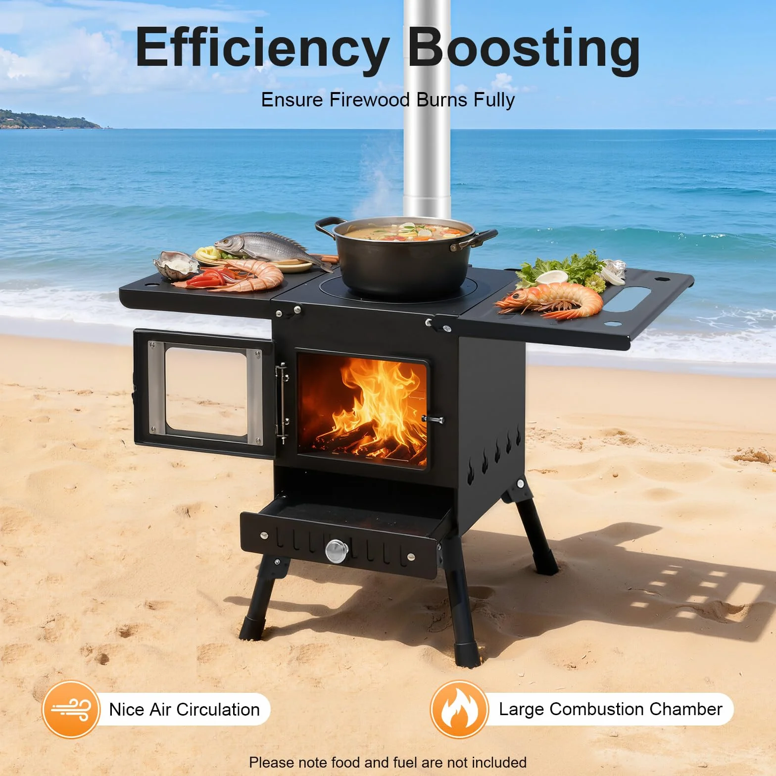 Poêle à bois pliable pour extérieur, chauffage de tente portable avec tuyaux de cheminée et fenêtre d'observation