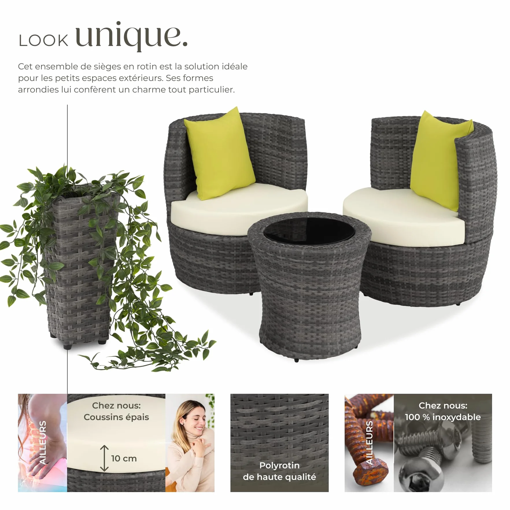 Ensemble Salon de Jardin Aluminium Poly Rotin 2 Personnes Fauteuil Table Coussins Pot de Fleur Inclus