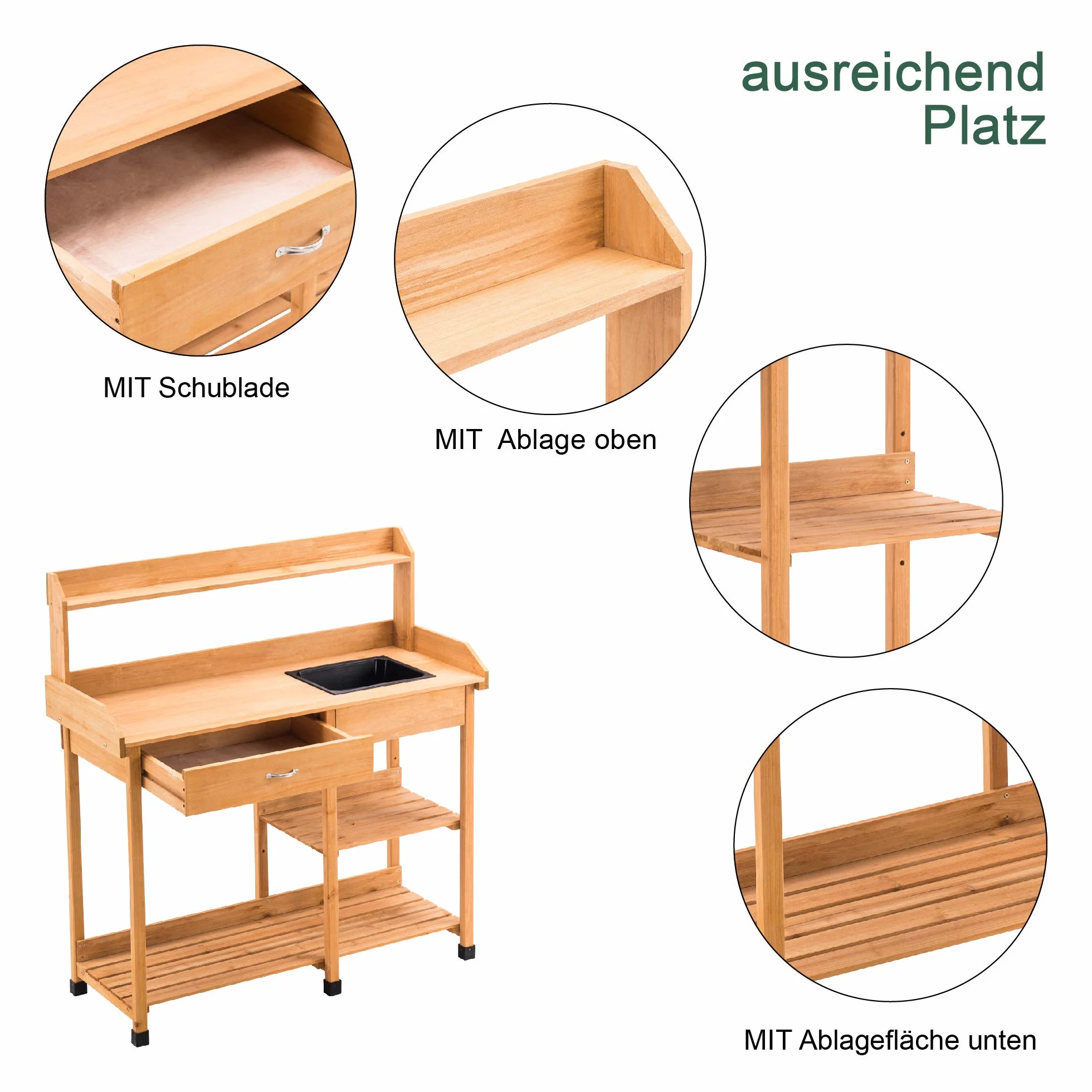 MCombo 0458 Table de Jardinage avec lavabo tiroir étagère Bois résistant intempéries 115x45x121 cm Naturel