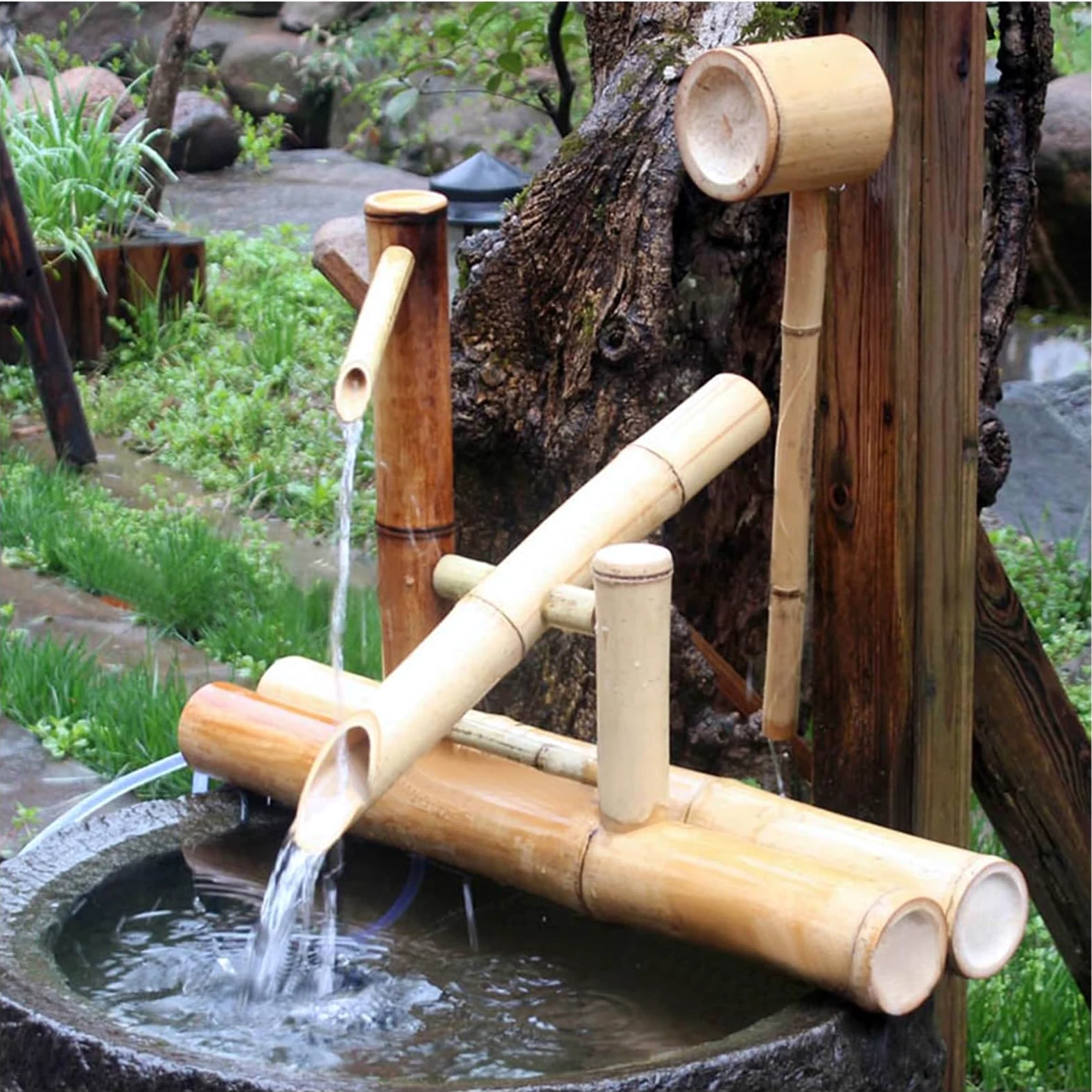 Fontaine d'extérieur de 45 cm (17,7 po), Style Japonais, en Bambou avec kit de Pompe, résistante aux Fissures, idéale for effaroucher Les Cerfs dans Votre Jardin.