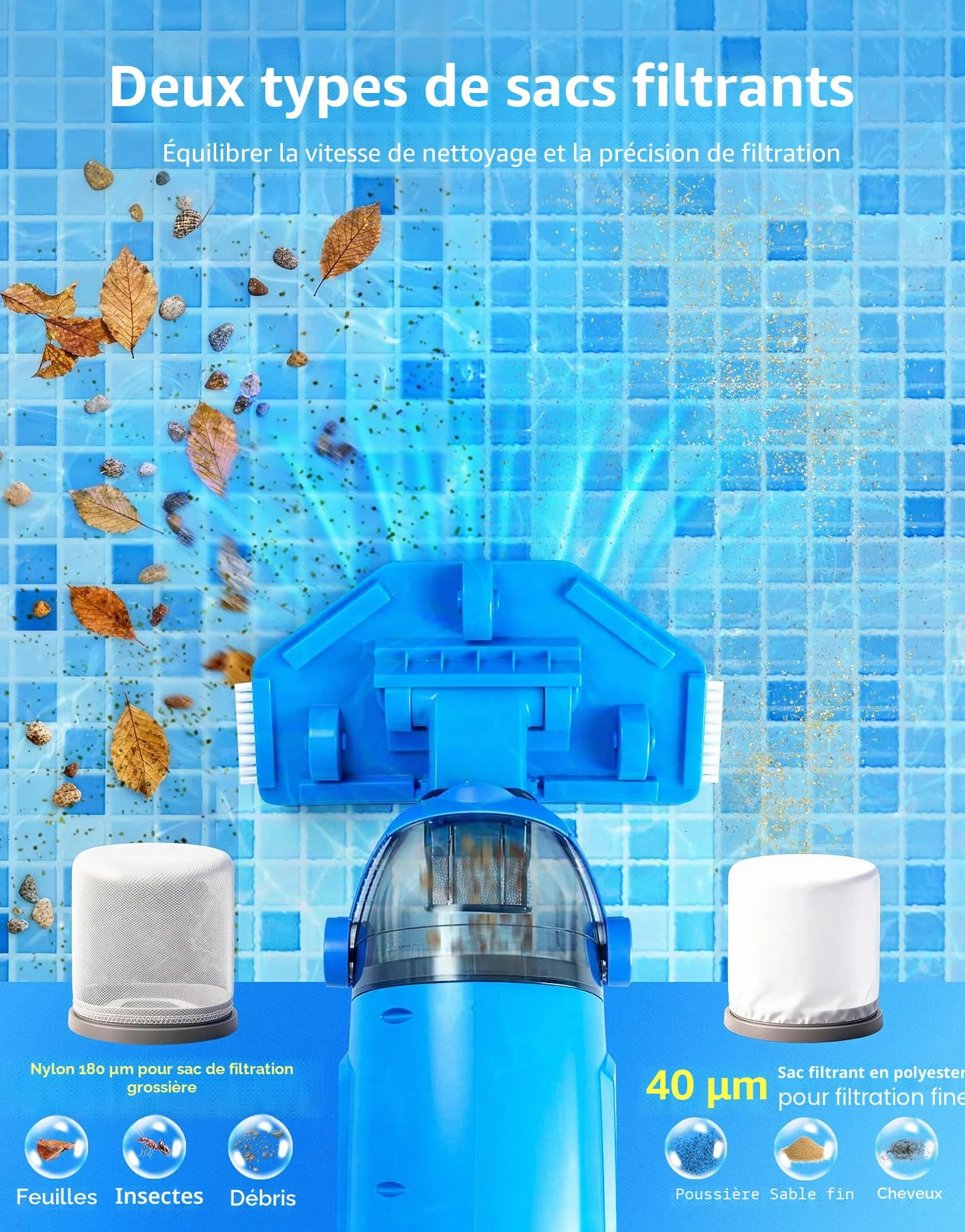 LanBlu Aspirateur Piscine Sans Fil 2.5m 4200L/H Manuel avec Tige Télescopique 4 Filtre