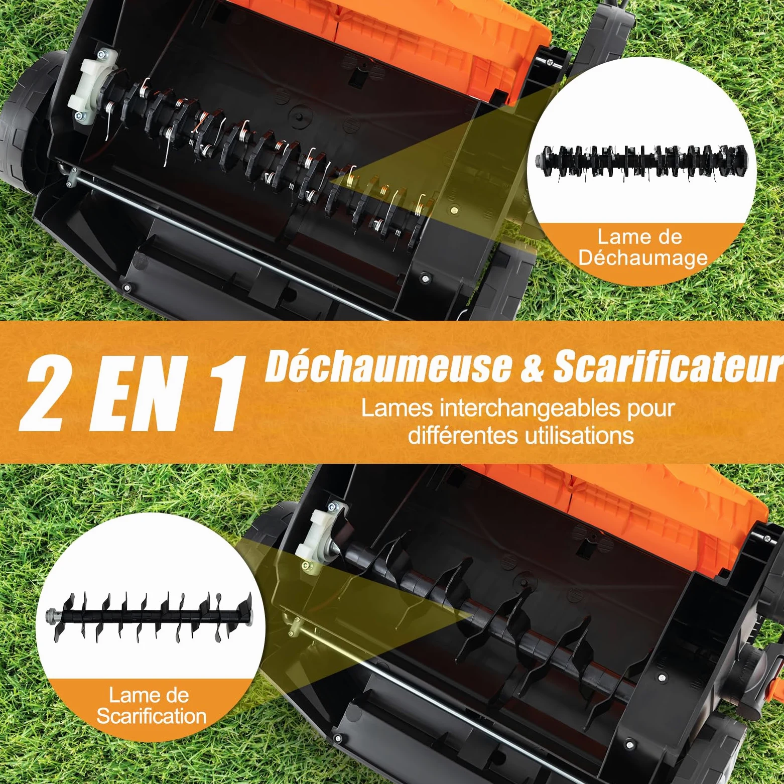 GOPLUS 2 en 1 Déchaumeuse Scarificateur Electrique 2000W, Largeur de Travail 40cm, 3500rpm, 5 Profondeurs Réglable, 3 Hauteurs Poignée, Sac 55L Amovible, Râteau Electrique Pliable Pelouse 800㎡(Orange)