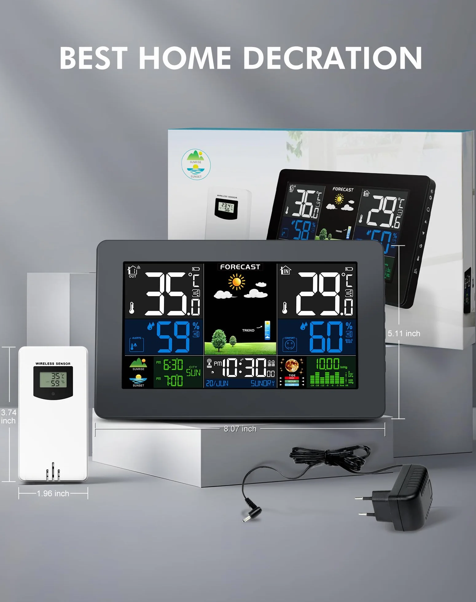 Station Météo Sans Fil avec Capteur Extérieur, Écran LCD Couleur, Baromètre, Phase de Lune, Réveil