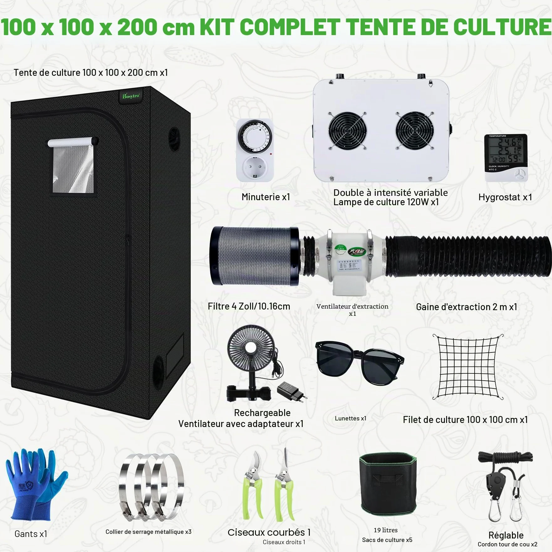 Kit Culture Indoor, 200W Dimmable Lampes De Croissance, Tente de Culture, Kit Complet de Tente de Culture hydroponique 600D avec Thermo-hygromètre et minuterie (100x100x200 cm)