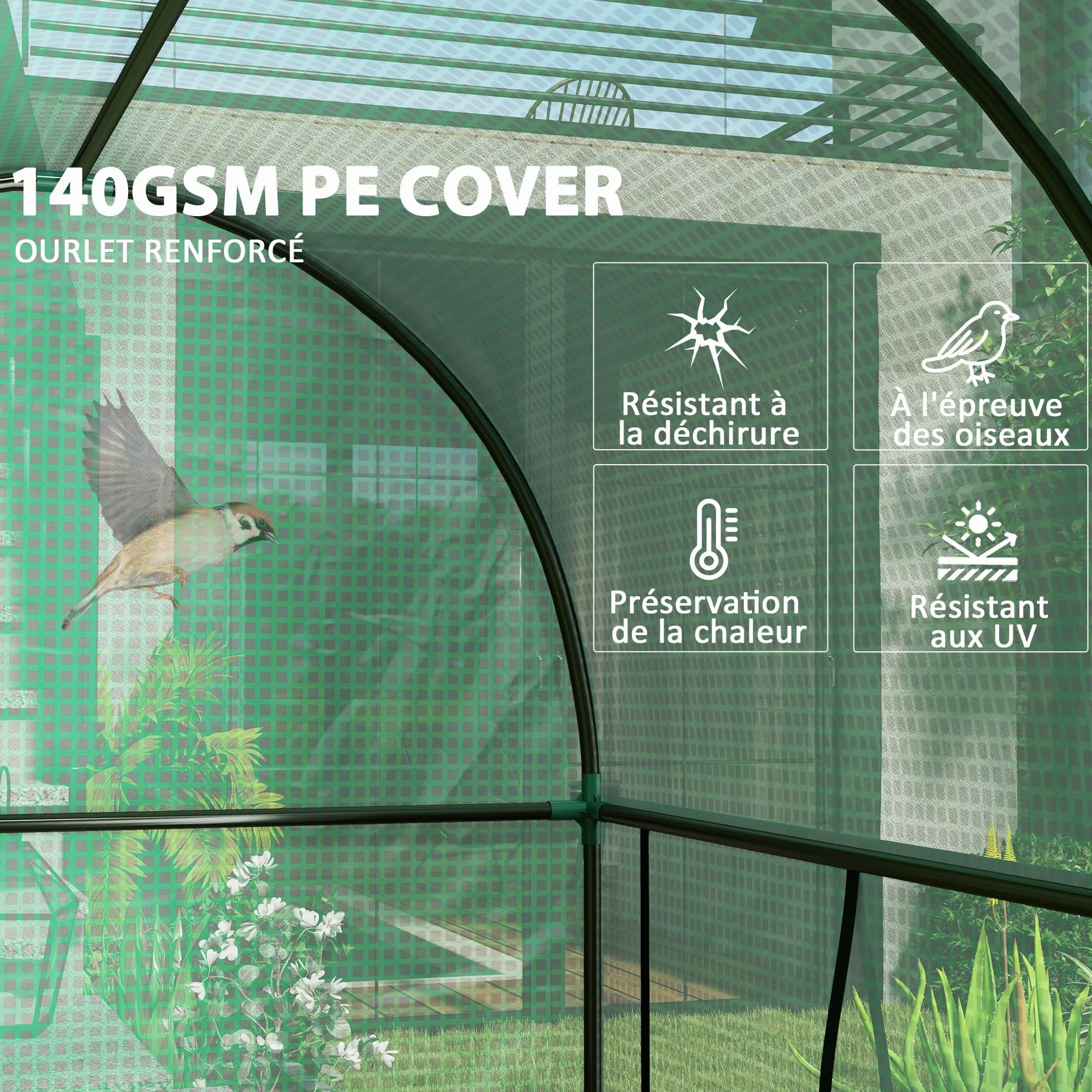 Outsunny Serre de Jardin PE, Serre de Balcon, bâche renforcée 140 g/m², châssis en Acier, 2 Portes zippées enroulables, pour légumes Plantes Fleurs, intérieur et extérieur, 200 x 100 x 178 cm, Vert