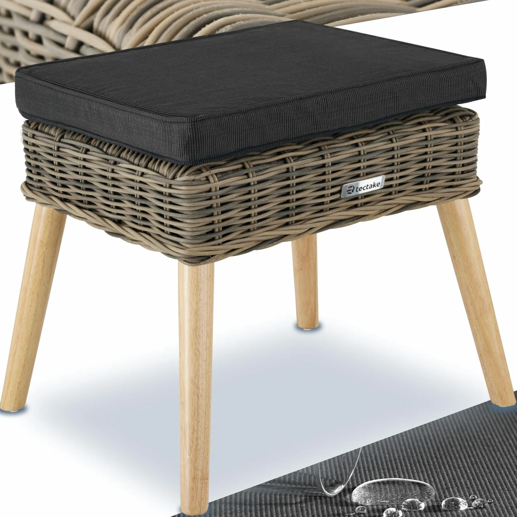 Tabouret Repose Pied Pouf Salon Extérieur Rotin Bois Coussin Imperméable Lavable Balcon Terrasse