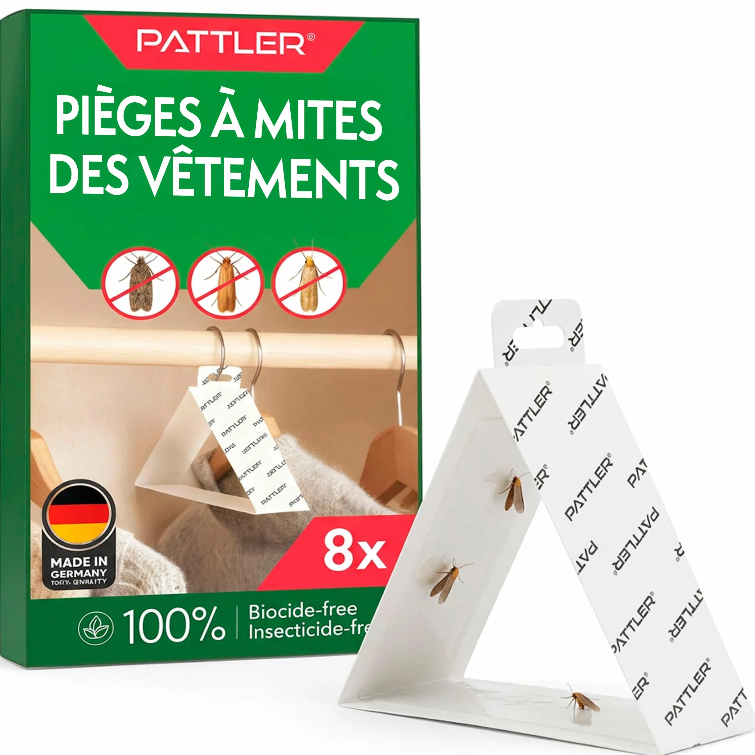 PATTLER Anti Mites Textiles avec Phéromones - 8 Pièces. Protection Anti Mites Vetements pour Armoire Vetement et Penderie, Pièges Adhésifs pour la Détection et Le Contrôle des Mites Textiles.