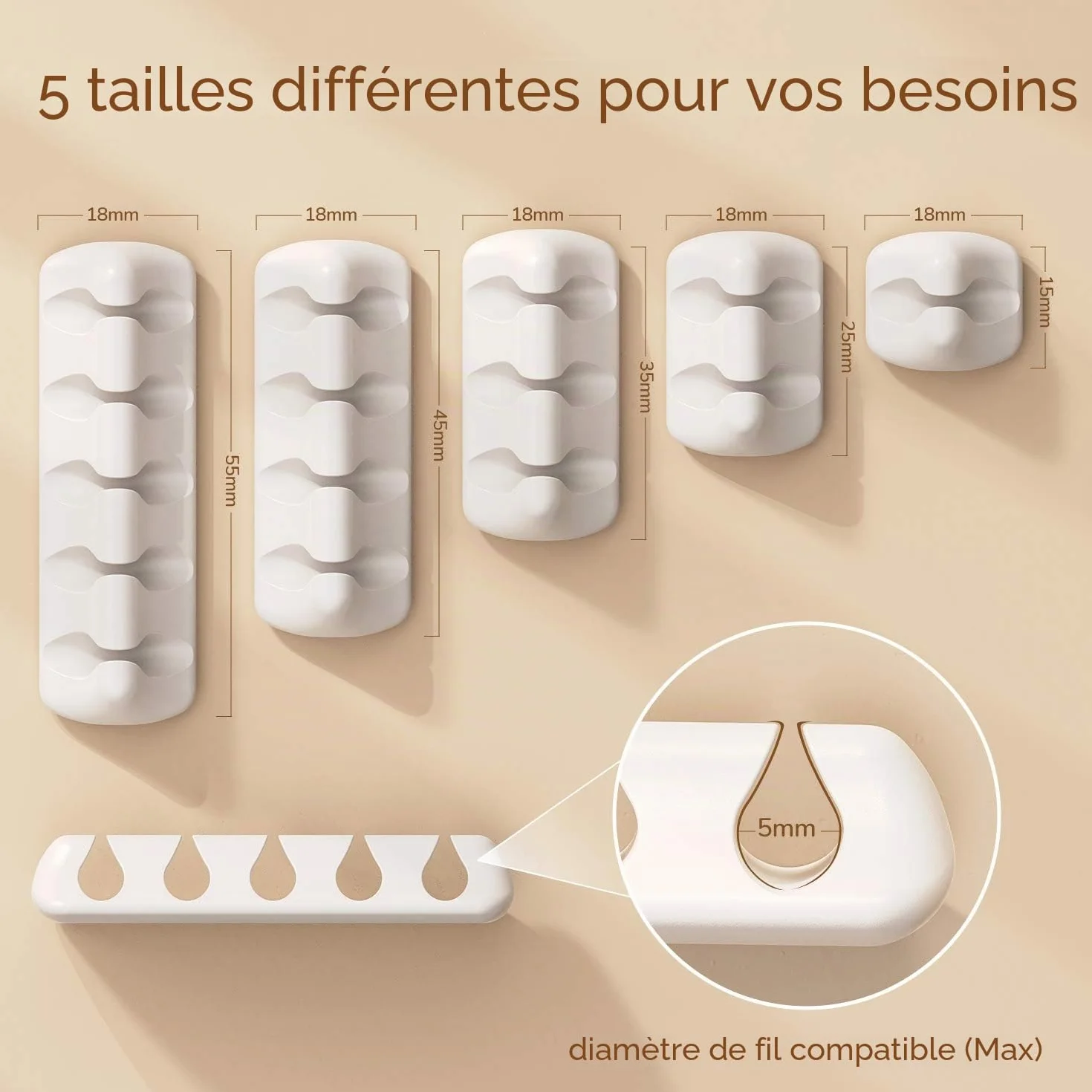 Syncwire Lot de 5 Clips Câble Organisateur Bureau Silicone Fixe Câble Adhésif Blanc