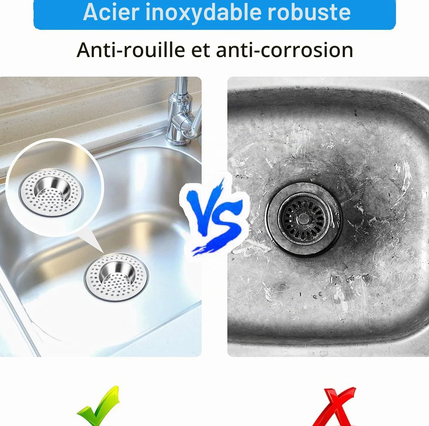 Tomario Bondes d'évier de cuisine en acier inoxydable Lot de 2 - Protection standard - 7,5 cm extérieur 3,6 cm intérieur