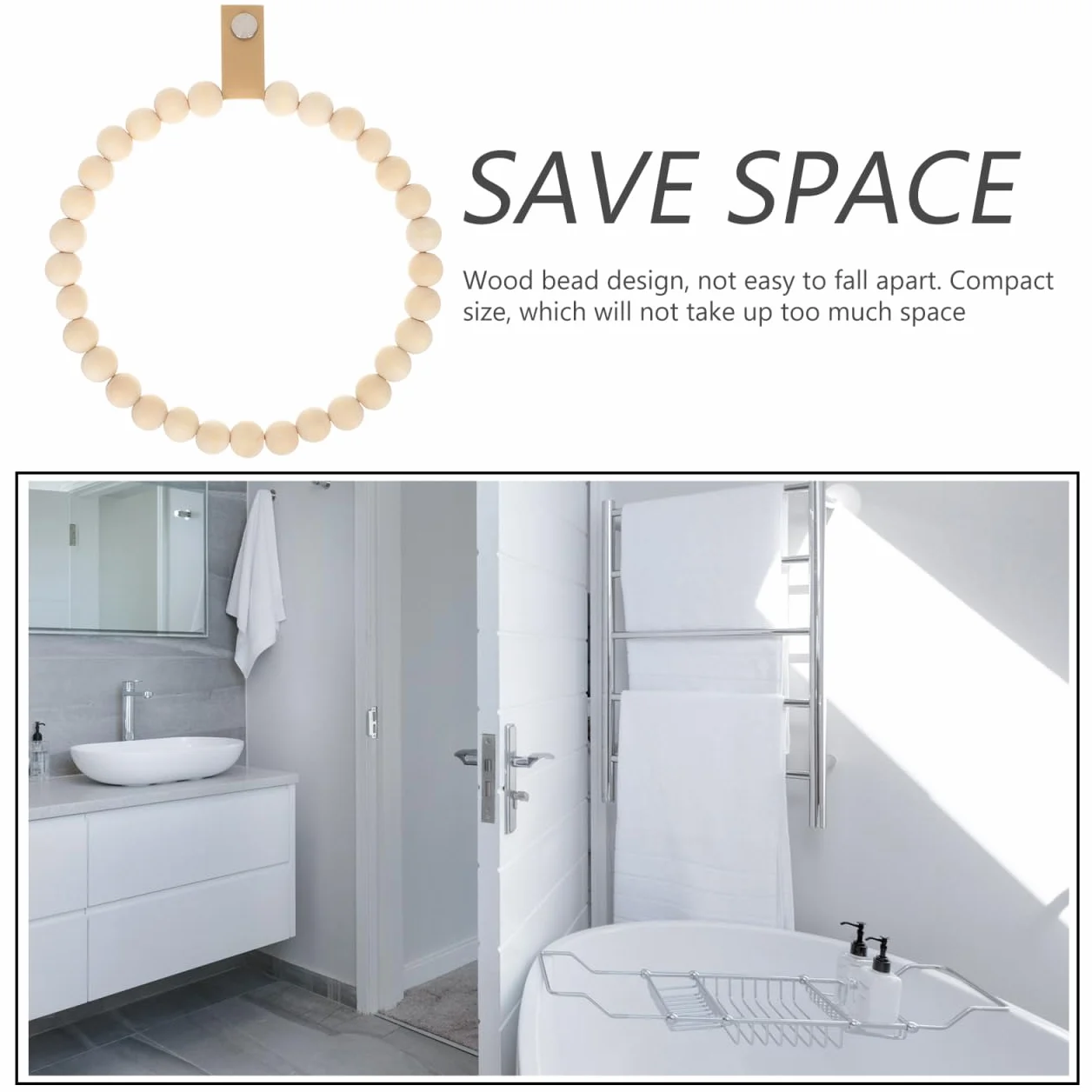 Hemobllo Porte Serviette Mural Bohème, Anneau Support Serviette en Perles de Bois Naturel pour Salle de Bain