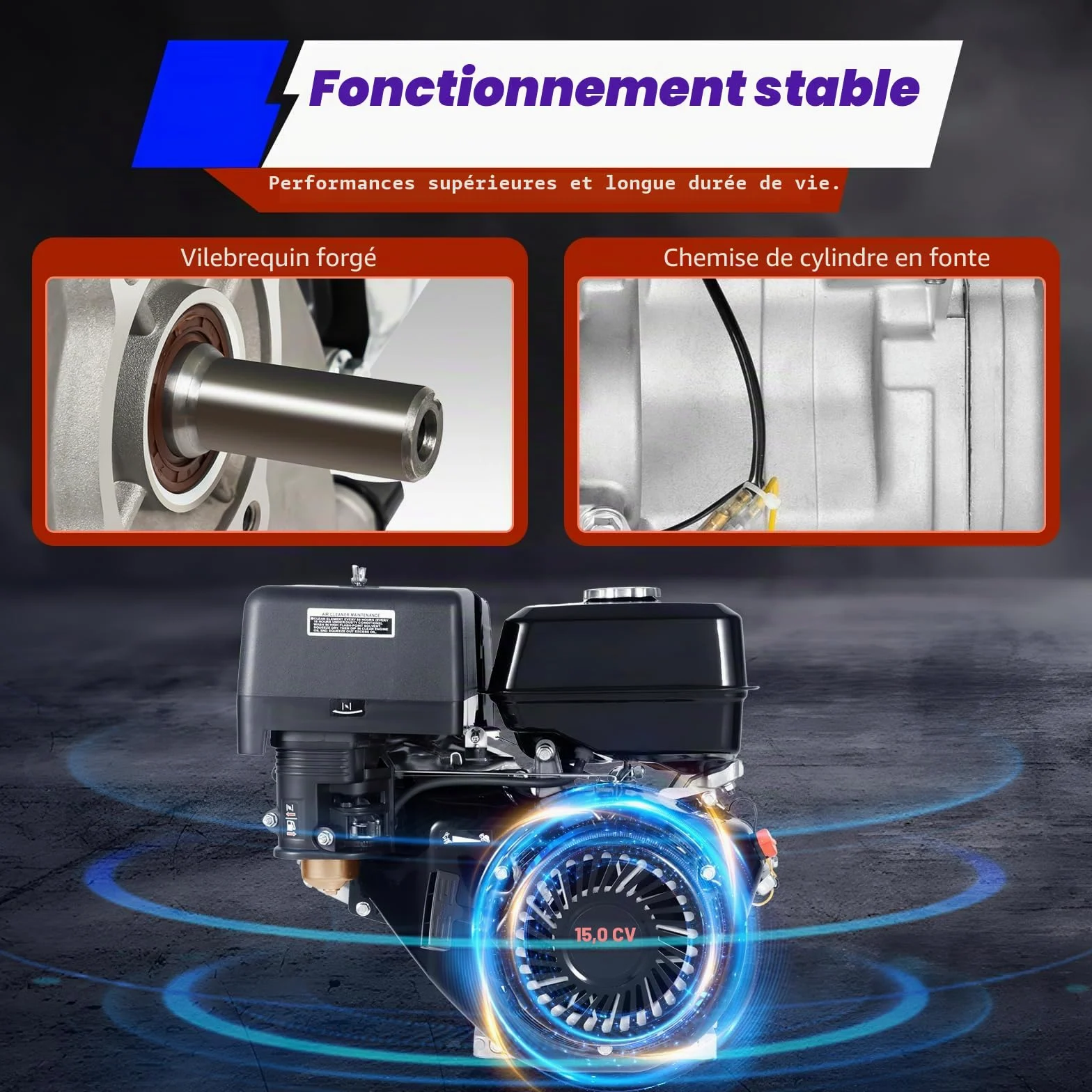 Moteur à essence 15 CV 4 temps monocylindre, Moteur fixe monocylindre pour Go-Karts, 9,7 kW 420 CC 3600 tr/min, Moteur d'entraînement portable avec fonction de protection contre le manque d'huile pour