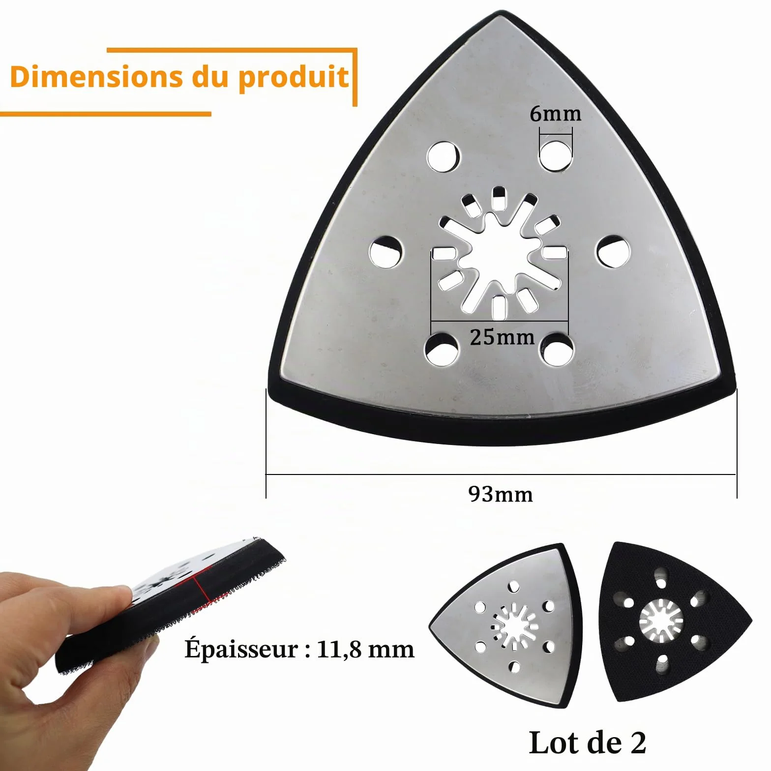 Lot de 2 plaques de ponçage triangulaires 93 mm Multitool Plateau de ponçage Ponceuse triangulaire Accessoires ponçage et polissage