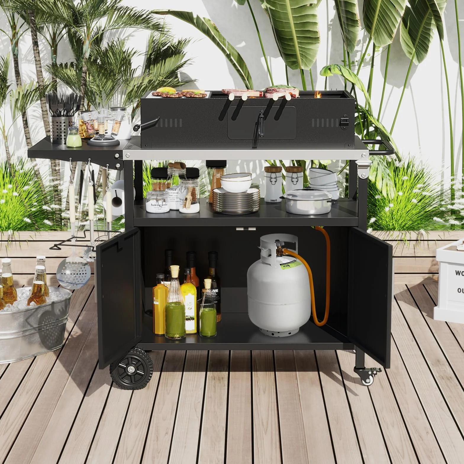 GOPLUS Desserte Jardin 3 Niveaux avec Plan de Travail Pliant, Porte-Serviettes, 6 Crochets, Mobile Préparation Exterieur, Charge 100KG